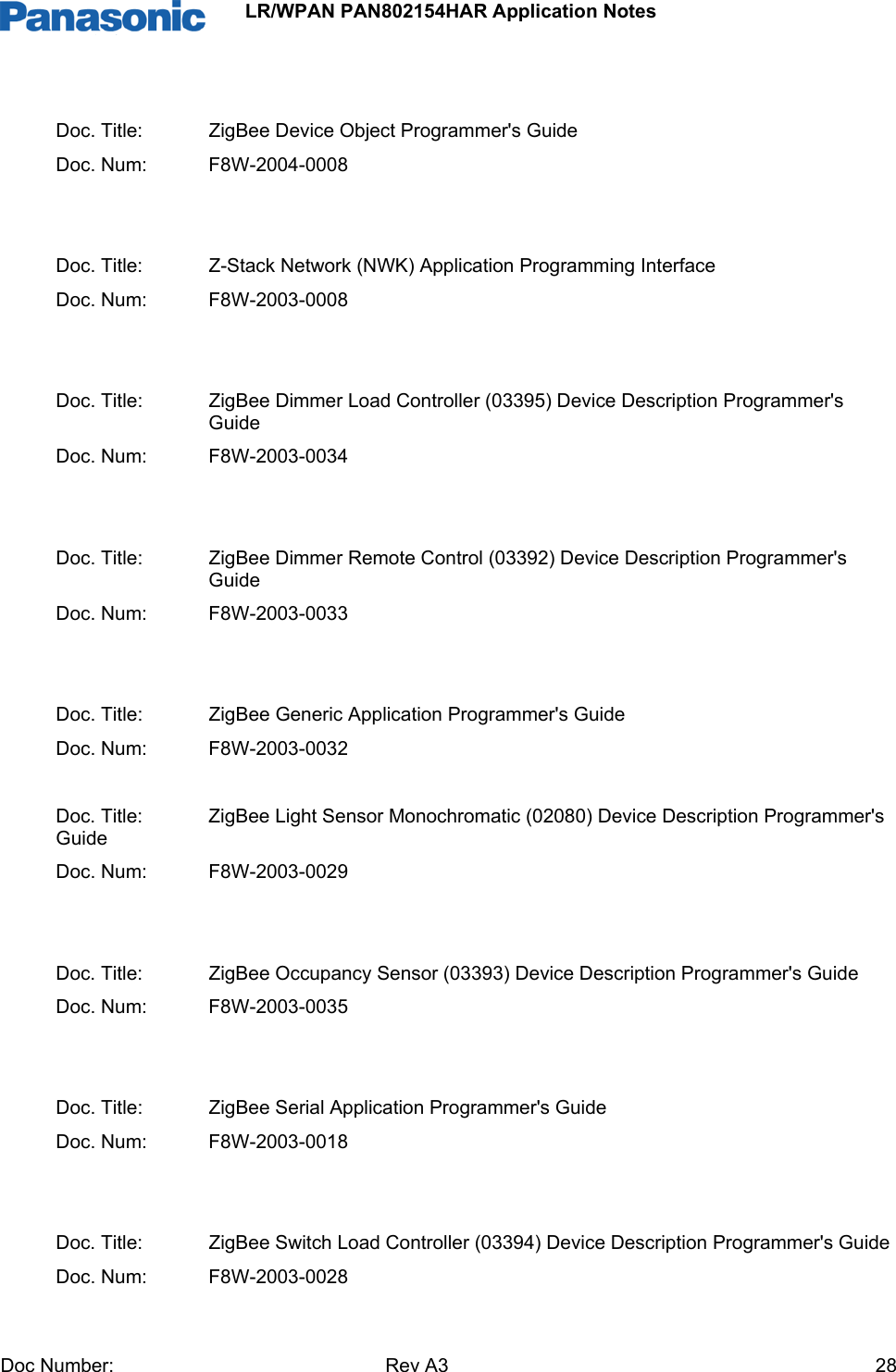                 LR/WPAN PAN802154HAR Application Notes Doc Number:   Rev A3    28 Doc. Title:   ZigBee Device Object Programmer&apos;s Guide Doc. Num:   F8W-2004-0008   Doc. Title:   Z-Stack Network (NWK) Application Programming Interface Doc. Num:   F8W-2003-0008   Doc. Title:   ZigBee Dimmer Load Controller (03395) Device Description Programmer&apos;s Guide Doc. Num:   F8W-2003-0034   Doc. Title:   ZigBee Dimmer Remote Control (03392) Device Description Programmer&apos;s Guide Doc. Num:   F8W-2003-0033   Doc. Title:   ZigBee Generic Application Programmer&apos;s Guide Doc. Num:   F8W-2003-0032  Doc. Title:   ZigBee Light Sensor Monochromatic (02080) Device Description Programmer&apos;s Guide Doc. Num:   F8W-2003-0029   Doc. Title:   ZigBee Occupancy Sensor (03393) Device Description Programmer&apos;s Guide Doc. Num:   F8W-2003-0035   Doc. Title:   ZigBee Serial Application Programmer&apos;s Guide Doc. Num:   F8W-2003-0018   Doc. Title:   ZigBee Switch Load Controller (03394) Device Description Programmer&apos;s Guide Doc. Num:   F8W-2003-0028 