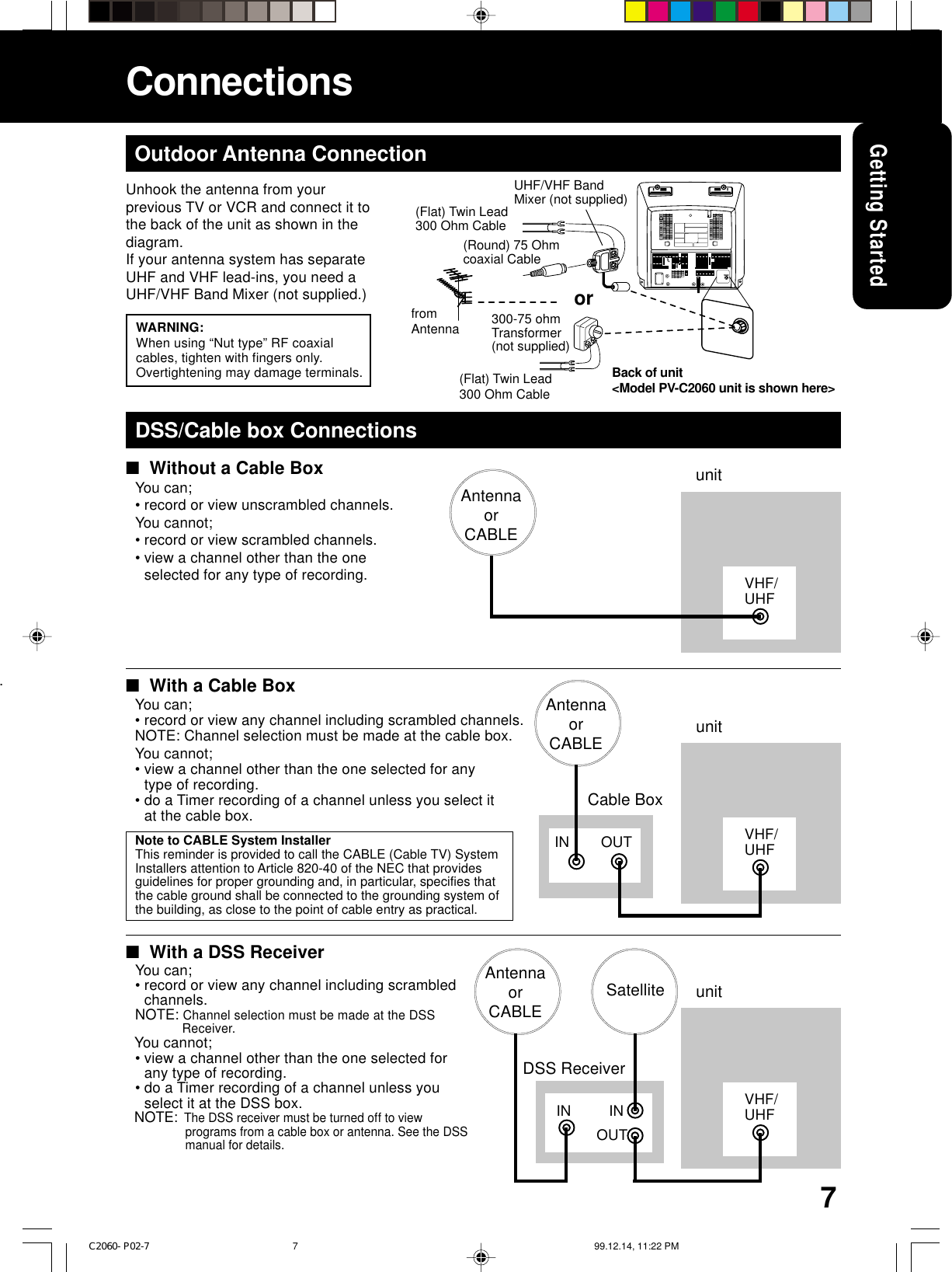 7Advanced OperationFor Your InformationBasic OperationGetting StartedGetting StartedVHF/UHFConnectionsUnhook the antenna from yourprevious TV or VCR and connect it tothe back of the unit as shown in thediagram.If your antenna system has separateUHF and VHF lead-ins, you need aUHF/VHF Band Mixer (not supplied.)DSS/Cable box Connections■  Without a Cable BoxYou can;•record or view unscrambled channels.You cannot;•record or view scrambled channels.•view a channel other than the oneselected for any type of recording.■  With a Cable BoxYou can;•record or view any channel including scrambled channels.NOTE: Channel selection must be made at the cable box.You cannot;•view a channel other than the one selected for anytype of recording.•do a Timer recording of a channel unless you select itat the cable box.Note to CABLE System InstallerThis reminder is provided to call the CABLE (Cable TV) SystemInstallers attention to Article 820-40 of the NEC that providesguidelines for proper grounding and, in particular, specifies thatthe cable ground shall be connected to the grounding system ofthe building, as close to the point of cable entry as practical.■  With a DSS ReceiverYou can;•record or view any channel including scrambledchannels.NOTE: Channel selection must be made at the DSS               Receiver. You cannot;•view a channel other than the one selected forany type of recording.•do a Timer recording of a channel unless youselect it at the DSS box. NOTE:  The DSS receiver must be turned off to view    programs from a cable box or antenna. See the DSS    manual for details.AntennaorCABLEunitVHF/UHFAntennaorCABLE unitVHF/UHFOUTINCable BoxAntennaorCABLEunitVHF/UHFOUTINDSS ReceiverSatelliteIN(Flat) Twin Lead300 Ohm CableUHF/VHF BandMixer (not supplied)fromAntenna(Flat) Twin Lead300 Ohm Cable300-75 ohmTransformer(not supplied)or(Round) 75 Ohmcoaxial CableBack of unit&lt;Model PV-C2060 unit is shown here&gt;WARNING:When using “Nut type” RF coaxialcables, tighten with fingers only.Overtightening may damage terminals.Outdoor Antenna Connection.C2060- P02-7 99.12.14, 11:22 PM7