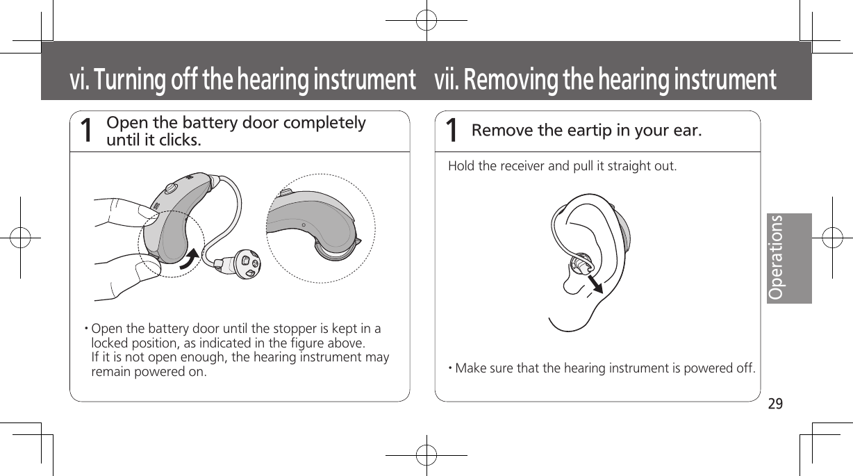 29Operationsvi. Turning off the hearing instrumentvii. Removing the hearing instrumentOpen the battery door completely until it clicks.1· Open the battery door until the stopper is kept in a locked position, as indicated in the figure above. If it is not open enough, the hearing instrument may remain powered on.Remove the eartip in your ear.1· Make sure that the hearing instrument is powered off.Hold the receiver and pull it straight out.
