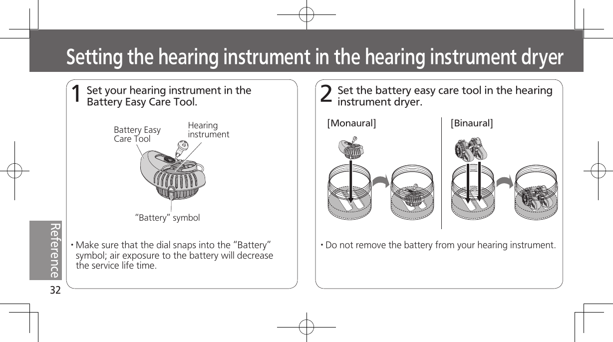 32ReferenceSetting the hearing instrument in the hearing instrument dryer1Set your hearing instrument in the Battery Easy Care Tool.2· Do not remove the battery from your hearing instrument.Hearing instrumentBattery Easy Care ToolSet the battery easy care tool in the hearing instrument dryer.“Battery” symbol· Make sure that the dial snaps into the “Battery” symbol; air exposure to the battery will decrease the service life time.[Monaural] [Binaural]