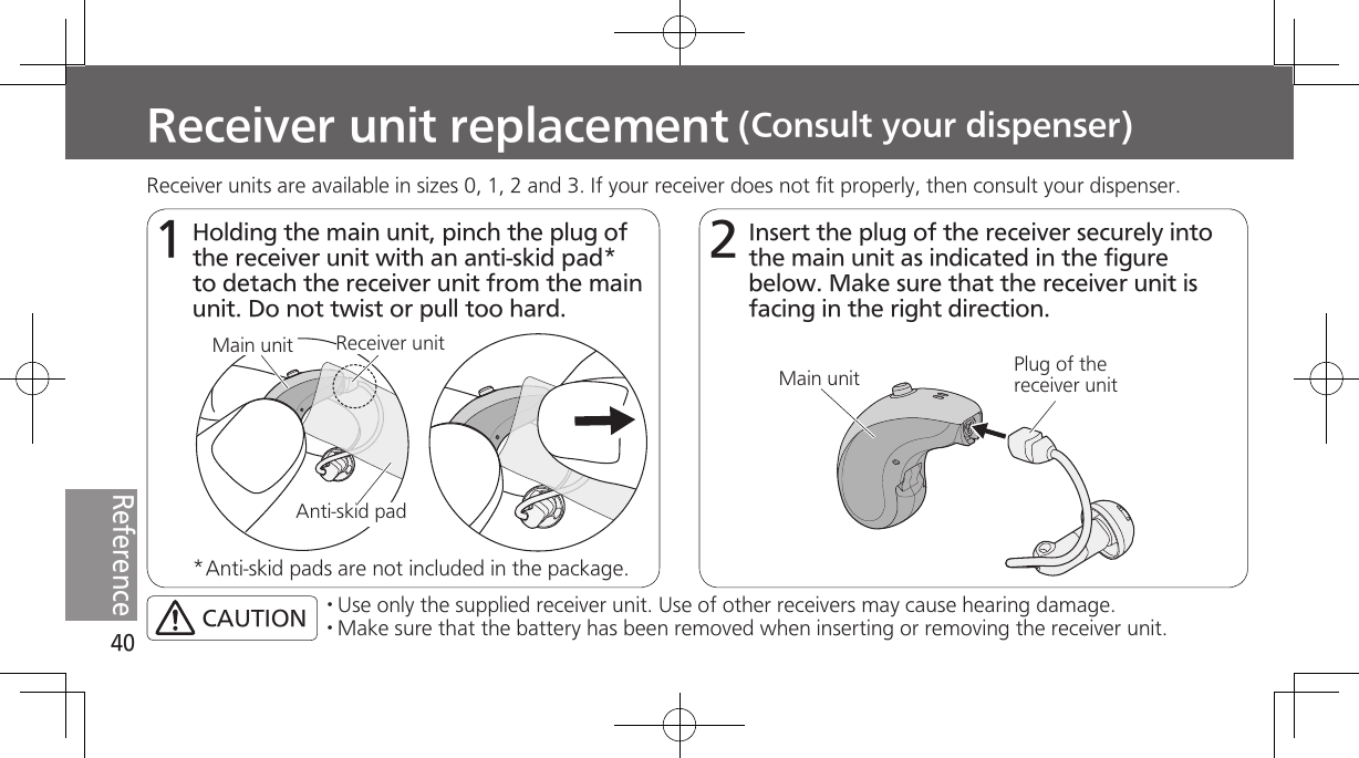 40ReferenceReceiver unit replacement (Consult your dispenser)1Holding the main unit, pinch the plug of the receiver unit with an anti-skid pad* to detach the receiver unit from the main unit. Do not twist or pull too hard.2Insert the plug of the receiver securely into the main unit as indicated in the figure below. Make sure that the receiver unit is facing in the right direction.Receiver units are available in sizes 0, 1, 2 and 3. If your receiver does not fit properly, then consult your dispenser.Receiver unitAnti-skid padMain unit* Anti-skid pads are not included in the package.Plug of the receiver unitMain unit· Use only the supplied receiver unit. Use of other receivers may cause hearing damage.· Make sure that the battery has been removed when inserting or removing the receiver unit.CAUTION