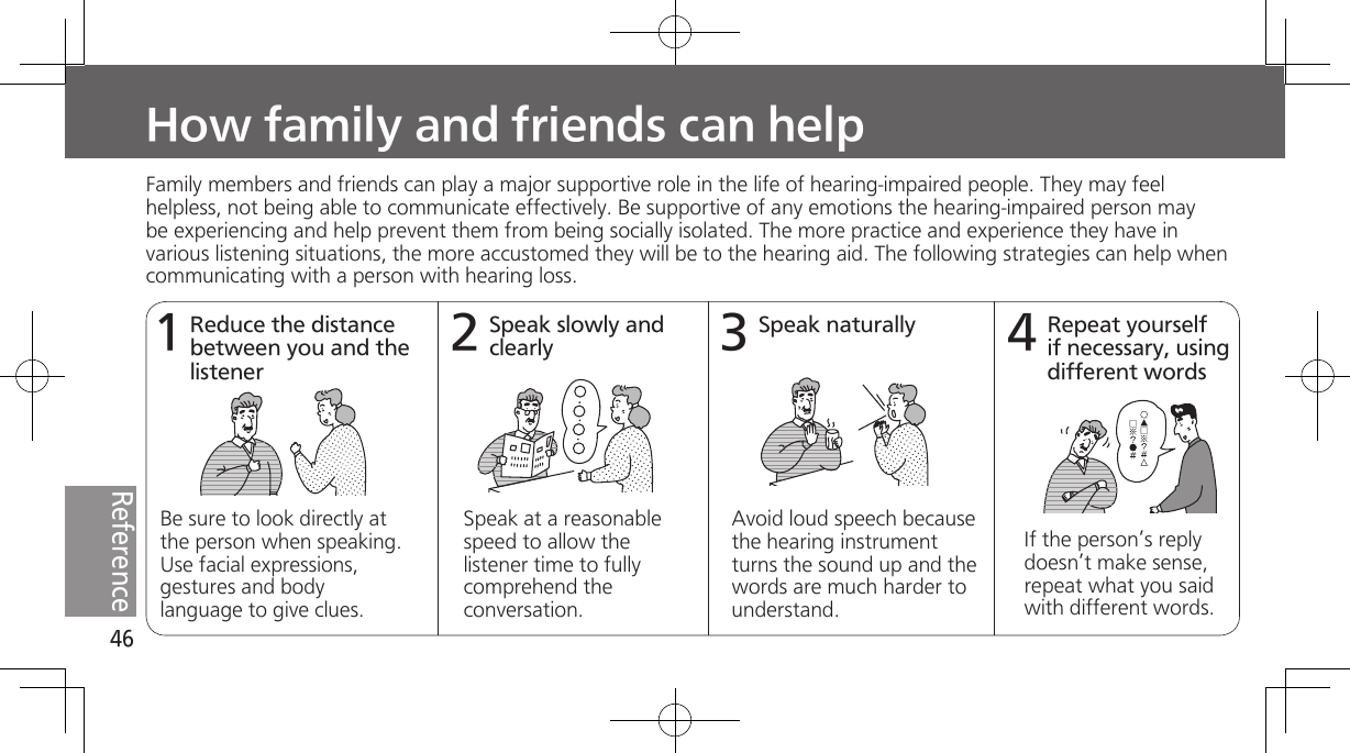 46ReferenceHow family and friends can helpBe sure to look directly at the person when speaking. Use facial expressions, gestures and body language to give clues.Speak at a reasonable speed to allow the listener time to fully comprehend the conversation.Avoid loud speech because the hearing instrument turns the sound up and the words are much harder to understand.If the person’s reply doesn’t make sense, repeat what you said with different words.Family members and friends can play a major supportive role in the life of hearing-impaired people. They may feel helpless, not being able to communicate effectively. Be supportive of any emotions the hearing-impaired person may be experiencing and help prevent them from being socially isolated. The more practice and experience they have in various listening situations, the more accustomed they will be to the hearing aid. The following strategies can help when communicating with a person with hearing loss.Reduce the distance between you and the listener1Speak slowly and clearly2Speak naturally3Repeat yourself if necessary, using different words4