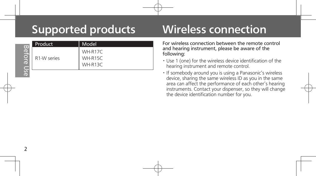 2Before UseSupported productsFor wireless connection between the remote control and hearing instrument, please be aware of the following:· Use 1 (one) for the wireless device identification of the hearing instrument and remote control.· If somebody around you is using a Panasonic’s wireless device, sharing the same wireless ID as you in the same area can affect the performance of each other’s hearing instruments. Contact your dispenser, so they will change the device identification number for you.Wireless connectionProduct ModelR1-W seriesWH-R17CWH-R15CWH-R13C