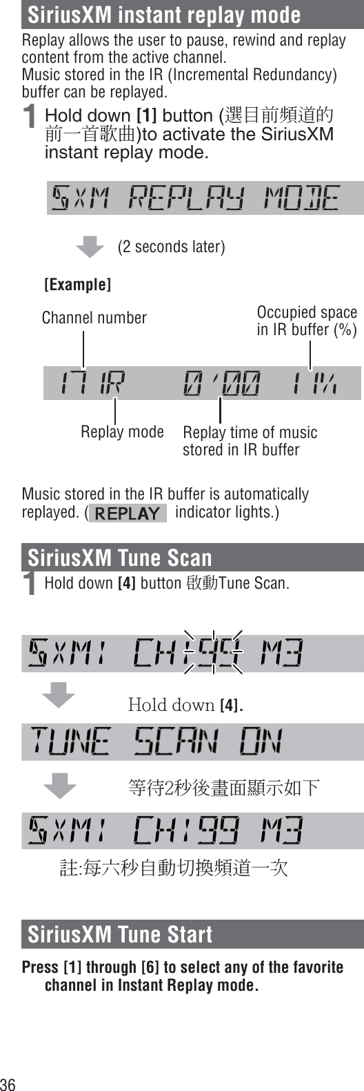 36SiriusXM instant replay modeReplay allows the user to pause, rewind and replay content from the active channel.Music stored in the IR (Incremental Redundancy) buffer can be replayed.1 Hold down [1] button (選目前頻道的前一首歌曲)to activate the SiriusXM instant replay mode.(2 seconds later)[Example]Occupied space in IR buffer (%)Replay modeChannel numberReplay time of music stored in IR bufferMusic stored in the IR buffer is automatically replayed. (   indicator lights.)SiriusXM Tune Scan1 Hold down [4] button 啟動Tune Scan.                     Hold down [4].                     等待2秒後畫面顯示如下註:每六秒自動切換頻道一次SiriusXM Tune StartPress [1] through [6] to select any of the favorite channel in Instant Replay mode.