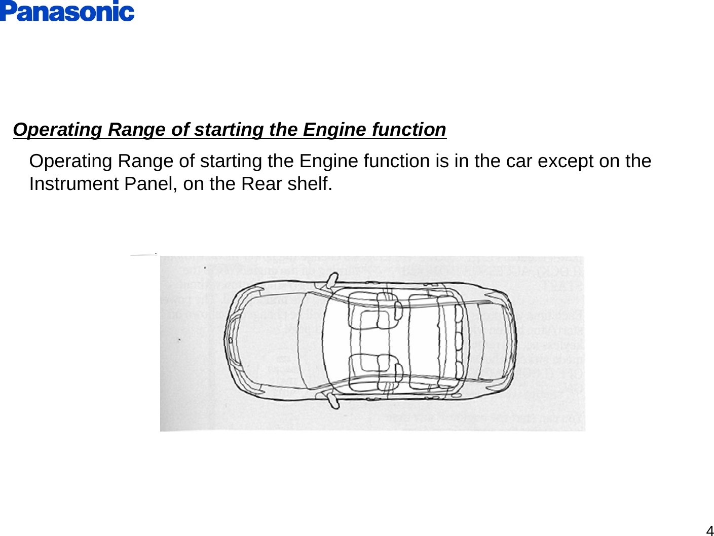 4Operating Range of starting the Engine functionOperating Range of starting the Engine function is in the car except on the Instrument Panel, on the Rear shelf.