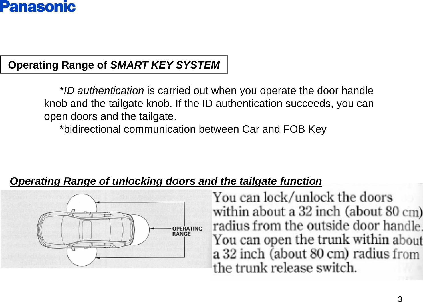 3Operating Range of SMART KEY SYSTEM*ID authentication is carried out when you operate the door handle knob and the tailgate knob. If the ID authentication succeeds, you can open doors and the tailgate.*bidirectional communication between Car and FOB KeyOperating Range of unlocking doors and the tailgate function