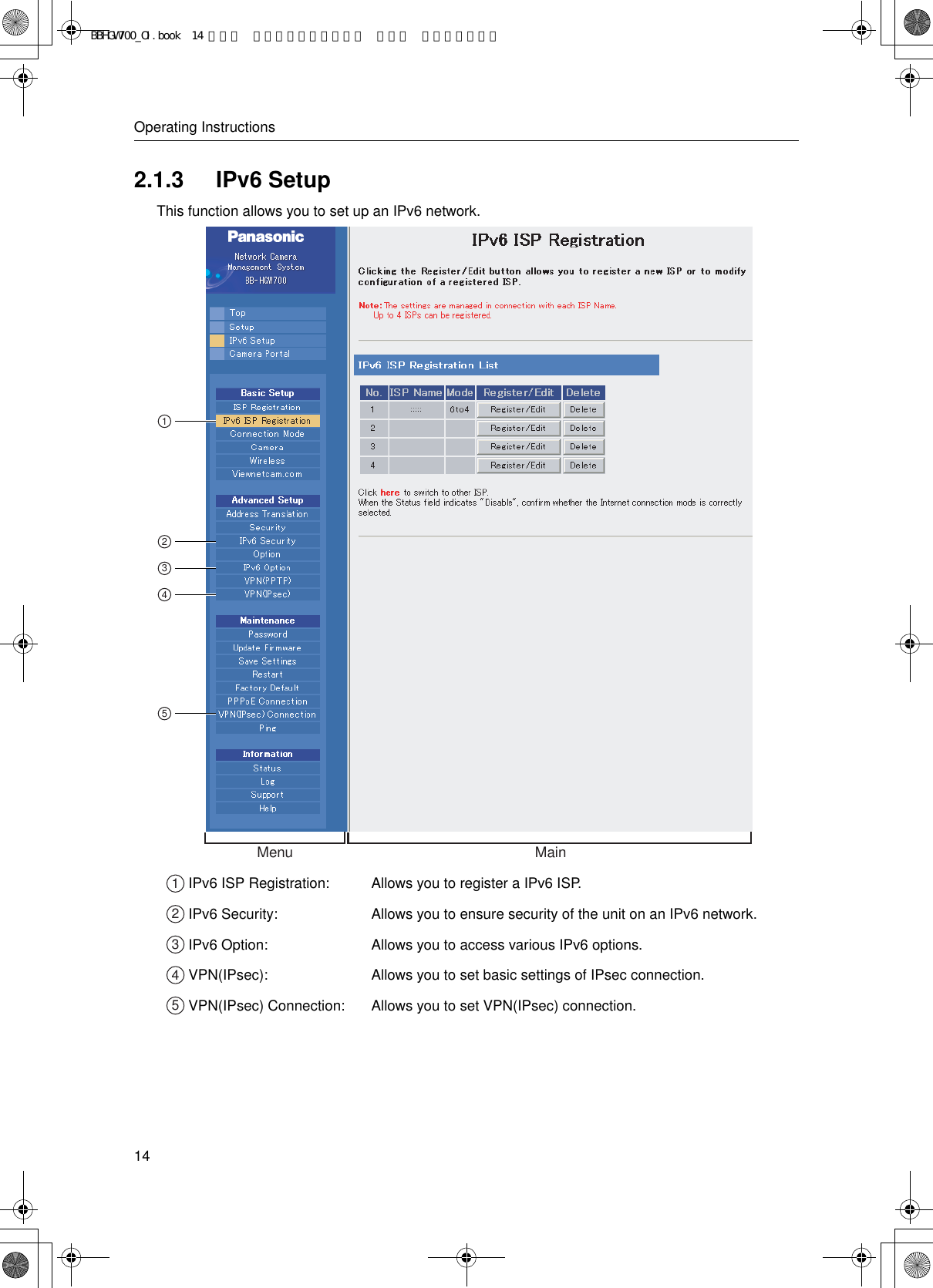 Operating Instructions142.1.3 IPv6 SetupThis function allows you to set up an IPv6 network. IPv6 ISP Registration: Allows you to register a IPv6 ISP. IPv6 Security: Allows you to ensure security of the unit on an IPv6 network. IPv6 Option: Allows you to access various IPv6 options. VPN(IPsec): Allows you to set basic settings of IPsec connection. VPN(IPsec) Connection: Allows you to set VPN(IPsec) connection.Menu Main1234512345BBHGW700_OI.book  14 ページ  ２００４年９月２７日 月曜日 午後６時５８分