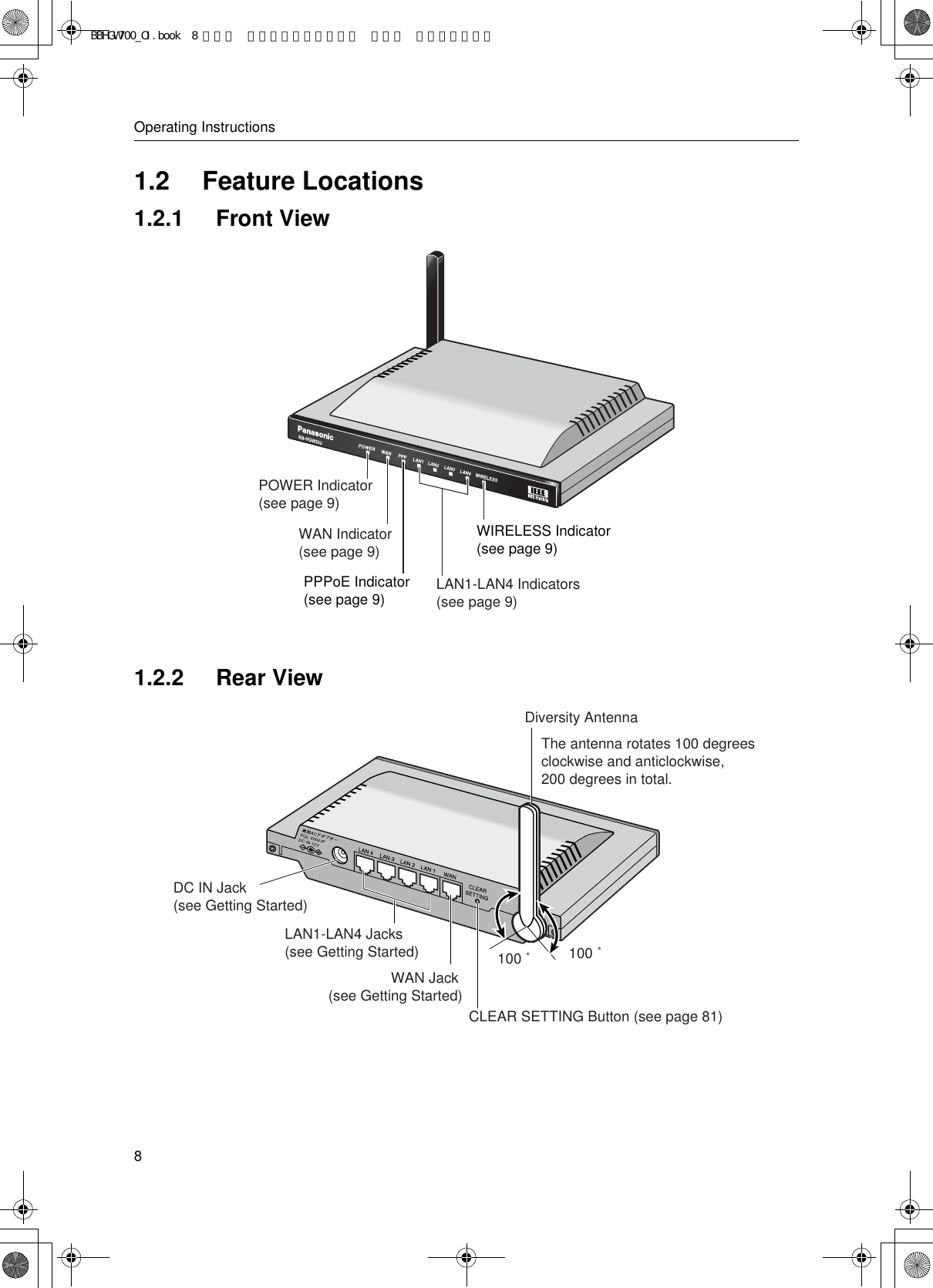 Operating Instructions81.2 Feature Locations1.2.1 Front View1.2.2 Rear ViewPOWER Indicator (see page 9)WAN Indicator (see page 9)PPPoE Indicator (see page 9)WIRELESS Indicator (see page 9)LAN1-LAN4 Indicators (see page 9)100 ˚Diversity AntennaThe antenna rotates 100 degrees clockwise and anticlockwise, 200 degrees in total.DC IN Jack (see Getting Started)LAN1-LAN4 Jacks (see Getting Started)WAN Jack (see Getting Started)CLEAR SETTING Button (see page 81)100 ˚BBHGW700_OI.book  8 ページ  ２００４年９月２７日 月曜日 午後６時５８分