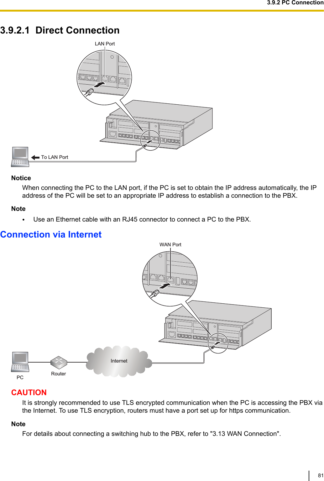 3.9.2.1  Direct ConnectionTo LAN PortLAN PortNoticeWhen connecting the PC to the LAN port, if the PC is set to obtain the IP address automatically, the IPaddress of the PC will be set to an appropriate IP address to establish a connection to the PBX.Note•Use an Ethernet cable with an RJ45 connector to connect a PC to the PBX.Connection via InternetRouterInternetPCWAN PortCAUTIONIt is strongly recommended to use TLS encrypted communication when the PC is accessing the PBX viathe Internet. To use TLS encryption, routers must have a port set up for https communication.NoteFor details about connecting a switching hub to the PBX, refer to &quot;3.13 WAN Connection&quot;.3.9.2 PC Connection81