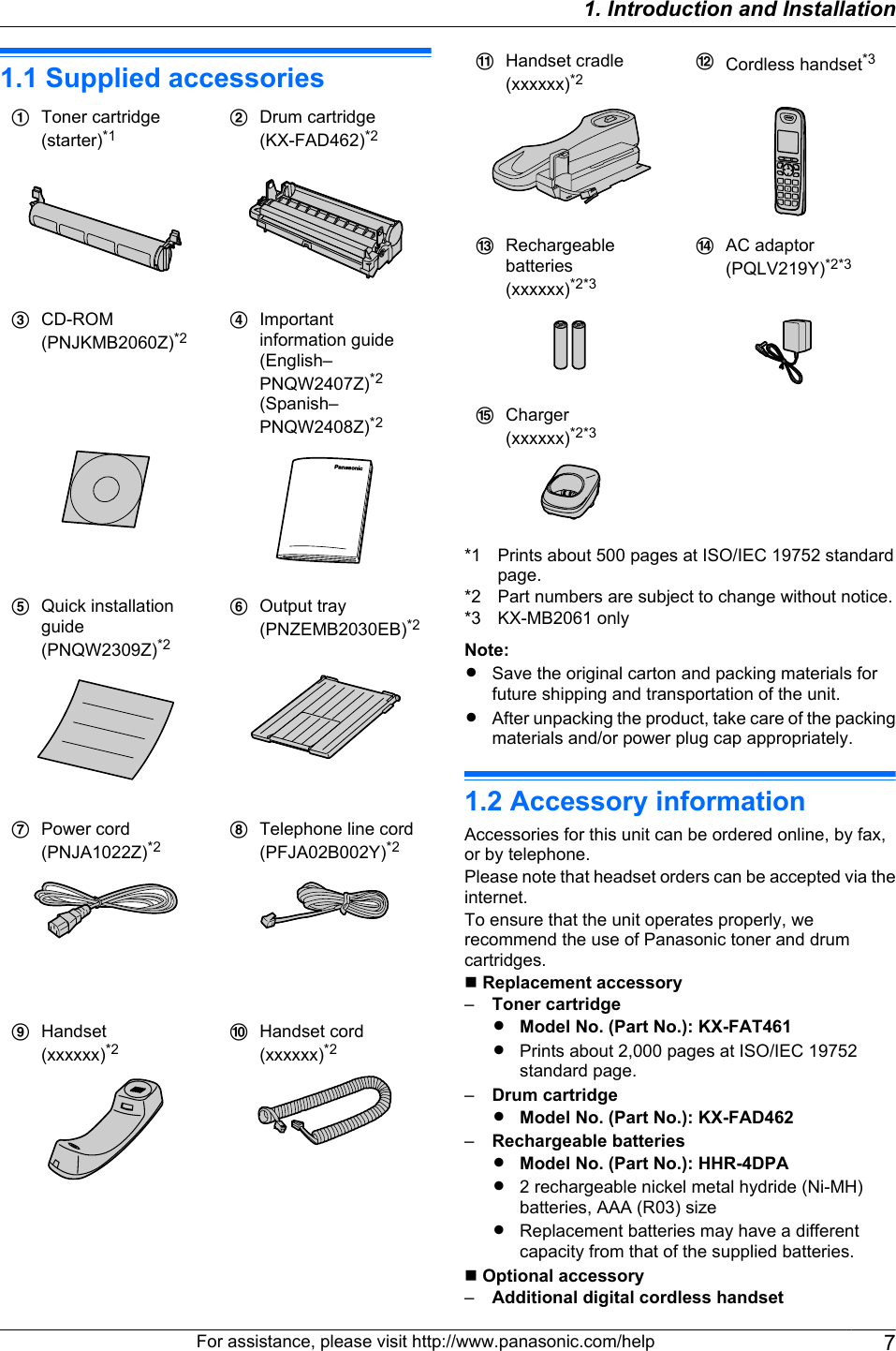 1.1 Supplied accessoriesAToner cartridge(starter)*1BDrum cartridge(KX-FAD462)*2CCD-ROM(PNJKMB2060Z)*2DImportantinformation guide(English–PNQW2407Z)*2(Spanish–PNQW2408Z)*2EQuick installationguide(PNQW2309Z)*2FOutput tray(PNZEMB2030EB)*2GPower cord(PNJA1022Z)*2HTelephone line cord(PFJA02B002Y)*2IHandset(xxxxxx)*2JHandset cord(xxxxxx)*2KHandset cradle(xxxxxx)*2LCordless handset*3MRechargeablebatteries(xxxxxx)*2*3NAC adaptor(PQLV219Y)*2*3OCharger(xxxxxx)*2*3*1 Prints about 500 pages at ISO/IEC 19752 standardpage.*2 Part numbers are subject to change without notice.*3 KX-MB2061 onlyNote:RSave the original carton and packing materials forfuture shipping and transportation of the unit.RAfter unpacking the product, take care of the packingmaterials and/or power plug cap appropriately.1.2 Accessory informationAccessories for this unit can be ordered online, by fax,or by telephone.Please note that headset orders can be accepted via theinternet.To ensure that the unit operates properly, werecommend the use of Panasonic toner and drumcartridges.n Replacement accessory–Toner cartridgeRModel No. (Part No.): KX-FAT461RPrints about 2,000 pages at ISO/IEC 19752standard page.–Drum cartridgeRModel No. (Part No.): KX-FAD462–Rechargeable batteriesRModel No. (Part No.): HHR-4DPAR2 rechargeable nickel metal hydride (Ni-MH)batteries, AAA (R03) sizeRReplacement batteries may have a differentcapacity from that of the supplied batteries.n Optional accessory–Additional digital cordless handsetFor assistance, please visit http://www.panasonic.com/help 71. . Introduction and Installation1. Introduction and Installation