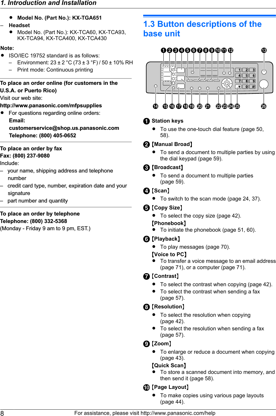 RModel No. (Part No.): KX-TGA651–HeadsetRModel No. (Part No.): KX-TCA60, KX-TCA93,KX-TCA94, KX-TCA400, KX-TCA430Note:RISO/IEC 19752 standard is as follows:– Environment: 23 ± 2 °C (73 ± 3 °F) / 50 ± 10% RH– Print mode: Continuous printingTo place an order online (for customers in the U.S.A. or Puerto Rico)Visit our web site:http://www.panasonic.com/mfpsuppliesR   For questions regarding online orders:Email:customerservice@shop.us.panasonic.comTelephone: (800) 405-0652To place an order by faxFax: (800) 237-9080Include:–   your name, shipping address and telephone number–   credit card type, number, expiration date and your signature–   part number and quantityTo place an order by telephoneTelephone: (800) 332-5368(Monday - Friday 9 am to 9 pm, EST.)1.3 Button descriptions of thebase unitDEFGHIJKL MACN PQRS T U VWXY ZOBStation keysRTo use the one-touch dial feature (page 50,58).MManual BroadNRTo send a document to multiple parties by usingthe dial keypad (page 59).MBroadcastNRTo send a document to multiple parties(page 59).MScanNRTo switch to the scan mode (page 24, 37).MCopy SizeNRTo select the copy size (page 42).MPhonebookNRTo initiate the phonebook (page 51, 60).MPlaybackNRTo play messages (page 70).MVoice to PCNRTo transfer a voice message to an email address(page 71), or a computer (page 71).MContrastNRTo select the contrast when copying (page 42).RTo select the contrast when sending a fax(page 57).MResolutionNRTo select the resolution when copying(page 42).RTo select the resolution when sending a fax(page 57).MZoomNRTo enlarge or reduce a document when copying(page 43).MQuick ScanNRTo store a scanned document into memory, andthen send it (page 58).MPage LayoutNRTo make copies using various page layouts(page 44).8For assistance, please visit http://www.panasonic.com/help1. Introduction and Installation