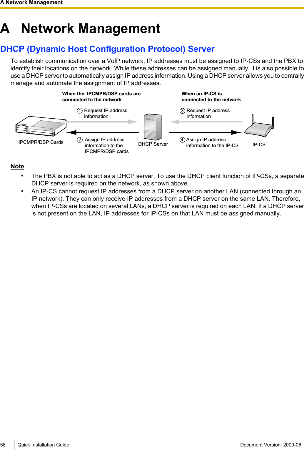 A   Network ManagementDHCP (Dynamic Host Configuration Protocol) ServerTo establish communication over a VoIP network, IP addresses must be assigned to IP-CSs and the PBX toidentify their locations on the network. While these addresses can be assigned manually, it is also possible touse a DHCP server to automatically assign IP address information. Using a DHCP server allows you to centrallymanage and automate the assignment of IP addresses.Assign IP address information to the IP-CSWhen the  IPCMPR/DSP cards are connected to the networkWhen an IP-CS is connected to the networkRequest IP addressinformation 1Assign IP address information to the IPCMPR/DSP cards2Request IP addressinformation34IP-CSDHCP ServerIPCMPR/DSP CardsNote•The PBX is not able to act as a DHCP server. To use the DHCP client function of IP-CSs, a separateDHCP server is required on the network, as shown above.•An IP-CS cannot request IP addresses from a DHCP server on another LAN (connected through anIP network). They can only receive IP addresses from a DHCP server on the same LAN. Therefore,when IP-CSs are located on several LANs, a DHCP server is required on each LAN. If a DHCP serveris not present on the LAN, IP addresses for IP-CSs on that LAN must be assigned manually.58 Quick Installation Guide Document Version  2009-06  A Network Management