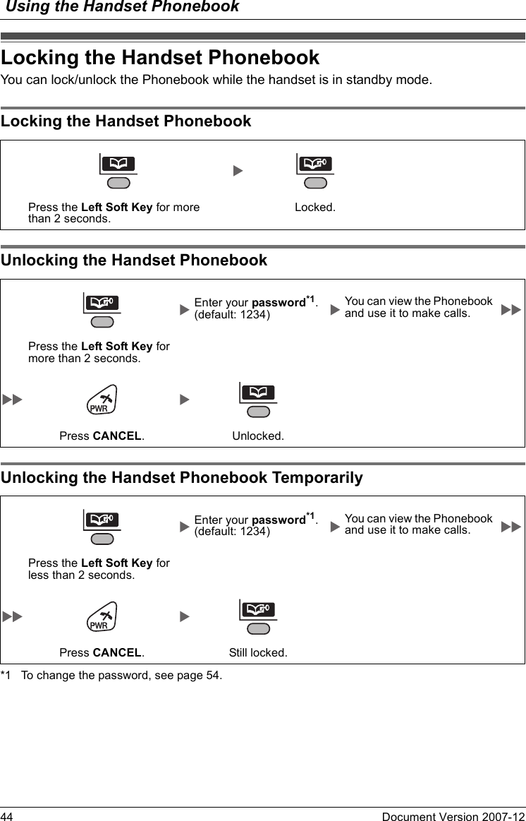 Using the Handset Phonebook44 Document Version 2007-12  Locking the Hand set PhonebookYou can lock/unlock the Phonebook while the handset is in standby mode.Locking the Hand set PhonebookUnlocking th e Handset Phoneb ookUnlocking th e Handset Phoneb ook Temporarily*1 To change the password, see page 54.Locking the Handset PhonebookLocking the Handset PhonebookPress the Left Soft Key for more than 2 seconds.Locked.Unlocking the Handset PhonebookEnter your password*1. (default: 1234)You can view the Phonebook and use it to make calls.Press the Left Soft Key for more than 2 seconds.Press CANCEL. Unlocked.Unlocking the Handset Phonebook TemporarilyEnter your password*1. (default: 1234)You can view the Phonebook and use it to make calls.Press the Left Soft Key for less than 2 seconds.Press CANCEL. Still locked.