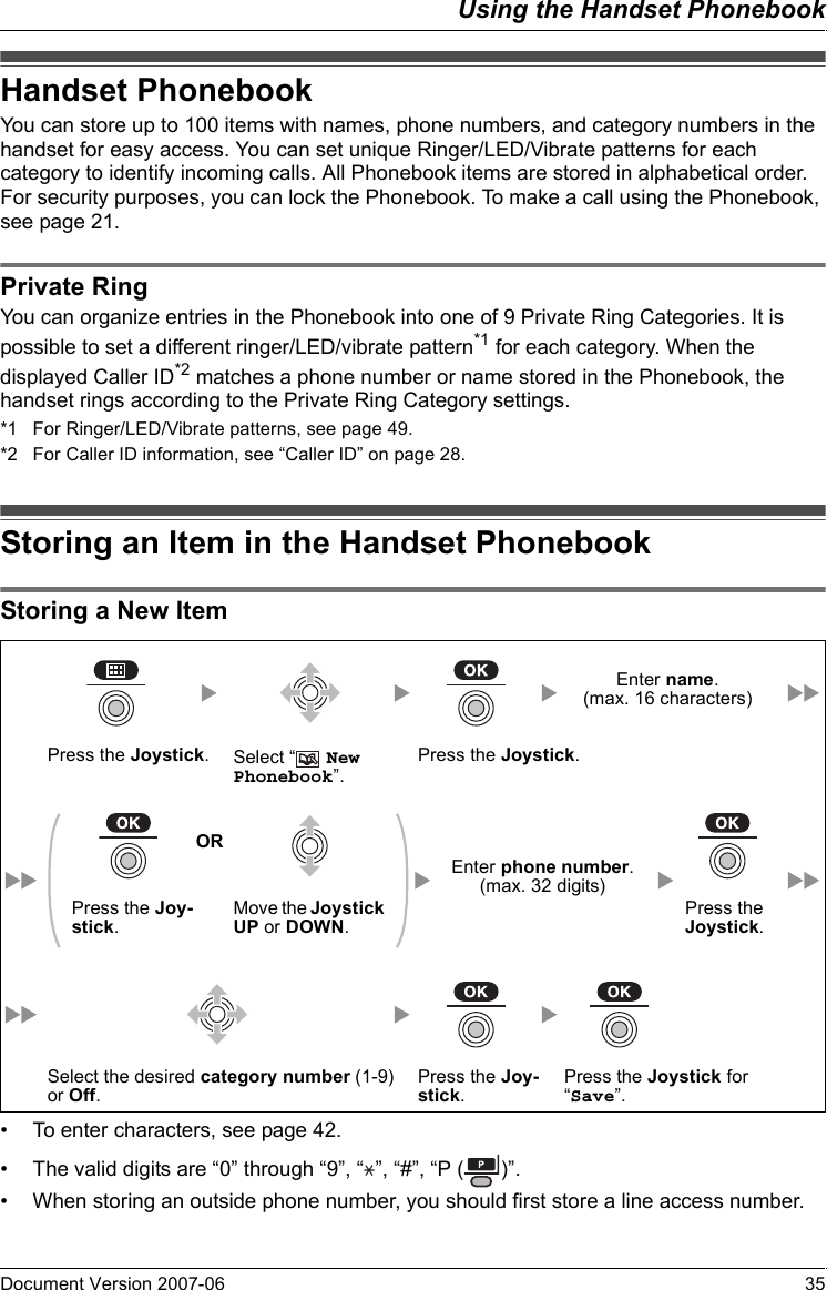 Using the Handset PhonebookDocument Version 2007-06   35Handse t PhonebookYou can store up to 100 items with names, phone numbers, and category numbers in the handset for easy access. You can set unique Ringer/LED/Vibrate patterns for each category to identify incoming calls. All Phonebook items are stored in alphabetical order. For security purposes, you can lock the Phonebook. To make a call using the Phonebook, see page 21.Private Rin gYou can organize entries in the Phonebook into one of 9 Private Ring Categories. It is possible to set a different ringer/LED/vibrate pattern*1 for each category. When the displayed Caller ID*2 matches a phone number or name stored in the Phonebook, the handset rings according to the Private Ring Category settings.*1 For Ringer/LED/Vibrate patterns, see page 49.*2 For Caller ID information, see “Caller ID” on page 28.Storing an Item in the Ha ndset Phonebo okStoring a New Item• To enter characters, see page 42.• The valid digits are “0” through “9”, “ ”, “#”, “P ( )”.• When storing an outside phone number, you should first store a line access number.Handset PhonebookPrivate RingStoring an Item in the Handset PhonebookStoring a New ItemEnter name.(max. 16 characters)Press the Joystick.Select “  New Phonebook”.Press the Joystick.OREnter phone number. (max. 32 digits)Press the Joy-stick.Move the Joystick UP or DOWN.Press the Joystick.Select the desired category number (1-9) or Off.Press the Joy-stick.Press the Joystick for “Save”.