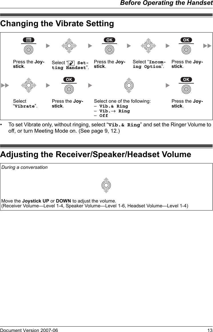 Before Operating the HandsetDocument Version 2007-06   13Changing  the Vibrate Setting• To set Vibrate only, without ringing, select “Vib.&amp; Ring” and set the Ringer Volume to off, or turn Meeting Mode on. (See page 9, 12.)Adjusting  the Receiver/ Speaker/He adset VolumeChanging the Vibrate SettingPress the Joy-stick.Select “  Set-ting Handset”.Press the Joy-stick.Select “Incom-ing Option”.Press the Joy-stick.Select “Vibrate”.Press the Joy-stick.Select one of the following:– Vib.&amp; Ring– Vib.→ Ring– OffPress the Joy-stick.Adjusting the Receiver/Speaker/Headset VolumeDuring a conversationMove the Joystick UP or DOWN to adjust the volume.(Receiver Volume—Level 1-4, Speaker Volume—Level 1-6, Headset Volume—Level 1-4)