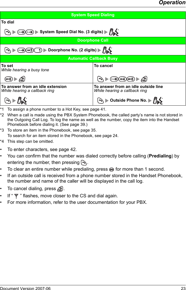 OperationDocument Version 2007-06   23*1 To assign a phone number to a Hot Key, see page 41.*2 When a call is made using the PBX System Phonebook, the called party’s name is not stored in the Outgoing Call Log. To log the name as well as the number, copy the item into the Handset Phonebook before dialing it. (See page 39.)*3 To store an item in the Phonebook, see page 35.To search for an item stored in the Phonebook, see page 24.*4 This step can be omitted.• To enter characters, see page 42.• You can confirm that the number was dialed correctly before calling (Predialing) by entering the number, then pressing  .• To clear an entire number while predialing, press   for more than 1 second.• If an outside call is received from a phone number stored in the Handset Phonebook, the number and name of the caller will be displayed in the call log.• To cancel dialing, press  .• If “   ” flashes, move closer to the CS and dial again.• For more information, refer to the user documentation for your PBX.System Speed DialingTo dial        System Speed Dial No. (3 digits) Doorphone Call        Doorphone No. (2 digits) Automatic Callback BusyTo setWhile hearing a busy toneTo cancel             To answer from an idle extensionWhile hearing a callback ringTo answer from an idle outside lineWhile hearing a callback ring            Outside Phone No. 