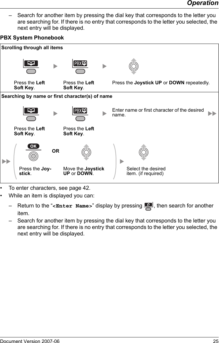 OperationDocument Version 2007-06   25– Search for another item by pressing the dial key that corresponds to the letter you are searching for. If there is no entry that corresponds to the letter you selected, the next entry will be displayed.PBX System Phonebook• To enter characters, see page 42.• While an item is displayed you can:– Return to the “&lt;Enter Name&gt;” display by pressing  , then search for another item.– Search for another item by pressing the dial key that corresponds to the letter you are searching for. If there is no entry that corresponds to the letter you selected, the next entry will be displayed.Scrolling through all itemsPress the Left Soft Key.Press the Left Soft Key.Press the Joystick UP or DOWN repeatedly.Searching by name or first character(s) of nameEnter name or first character of the desired name.Press the Left Soft Key.Press the Left Soft Key.ORPress the Joy-stick.Move the Joystick UP or DOWN.Select the desired item. (if required)