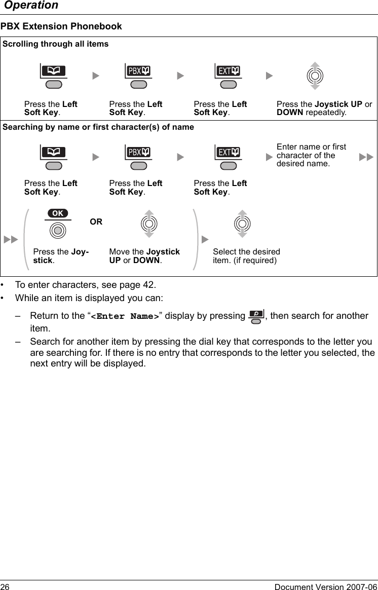 Operation26 Document Version 2007-06  PBX Extension Phonebook• To enter characters, see page 42.• While an item is displayed you can:– Return to the “&lt;Enter Name&gt;” display by pressing  , then search for another item.– Search for another item by pressing the dial key that corresponds to the letter you are searching for. If there is no entry that corresponds to the letter you selected, the next entry will be displayed.Scrolling through all itemsPress the Left Soft Key.Press the Left Soft Key.Press the Left Soft Key.Press the Joystick UP or DOWN repeatedly.Searching by name or first character(s) of nameEnter name or first character of the desired name.Press the Left Soft Key.Press the Left Soft Key.Press the Left Soft Key.ORPress the Joy-stick.Move the Joystick UP or DOWN.Select the desired item. (if required)