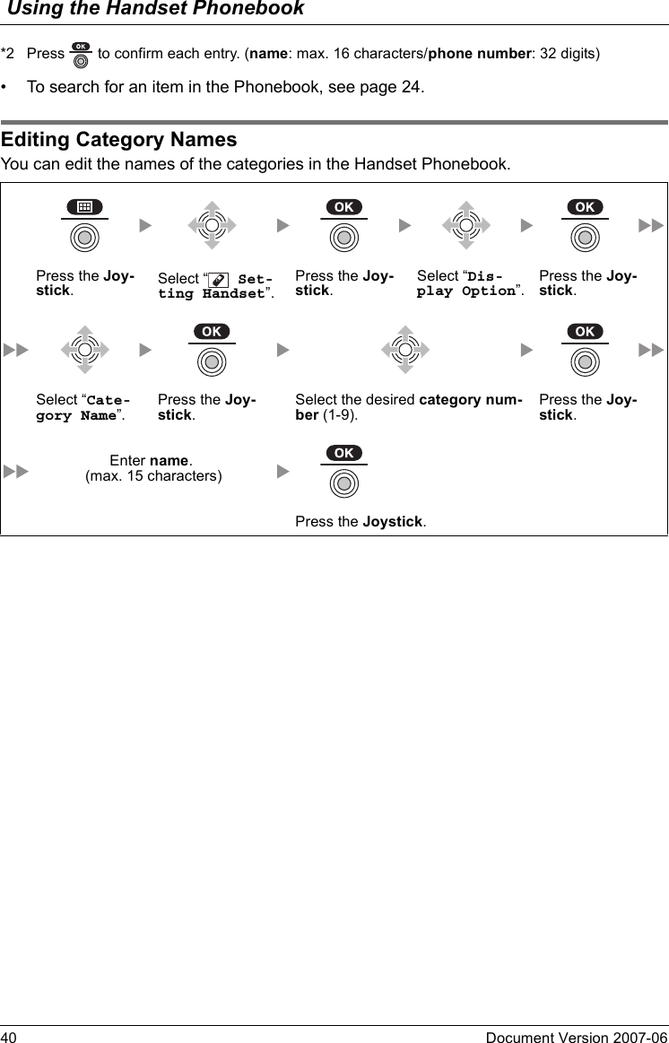 Using the Handset Phonebook40 Document Version 2007-06  *2 Press   to confirm each entry. (name: max. 16 characters/phone number: 32 digits)• To search for an item in the Phonebook, see page 24.Editing Category NamesYou can edit the names of the categories in the Handset Phonebook.Editing Category NamesPress the Joy-stick.Select “  Set-ting Handset”.Press the Joy-stick.Select “Dis-play Option”.Press the Joy-stick.Select “Cate-gory Name”.Press the Joy-stick.Select the desired category num-ber (1-9). Press the Joy-stick.Enter name. (max. 15 characters)Press the Joystick.
