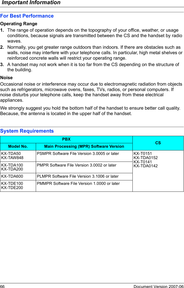 Important Information66 Document Version 2007-06  For Best PerformanceOperating Range1. The range of operation depends on the topography of your office, weather, or usage conditions, because signals are transmitted between the CS and the handset by radio waves.2. Normally, you get greater range outdoors than indoors. If there are obstacles such as walls, noise may interfere with your telephone calls. In particular, high metal shelves or reinforced concrete walls will restrict your operating range.3. A handset may not work when it is too far from the CS depending on the structure of the building.NoiseOccasional noise or interference may occur due to electromagnetic radiation from objects such as refrigerators, microwave ovens, faxes, TVs, radios, or personal computers. If noise disturbs your telephone calls, keep the handset away from these electrical appliances.We strongly suggest you hold the bottom half of the handset to ensure better call quality. Because, the antenna is located in the upper half of the handset.System RequirementsPBX CSModel No. Main Processing (MPR) Software VersionKX-TDA50KX-TAW848PSMPR Software File Version 3.0005 or later KX-T0151KX-TDA0152KX-T0141KX-TDA0142KX-TDA100KX-TDA200PMPR Software File Version 3.0002 or laterKX-TDA600 PLMPR Software File Version 3.1006 or laterKX-TDE100KX-TDE200PMMPR Software File Version 1.0000 or later