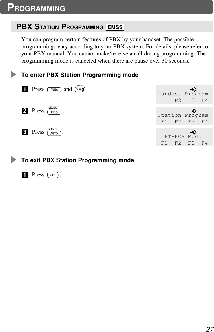 You can program certain features of PBX by your handset. The possibleprogrammings vary according to your PBX system. For details, please refer toyour PBX manual. You cannot make/receive a call during programming. Theprogramming mode is canceled when there are pause over 30 seconds.To enter PBX Station Programming modePress and .Press .Press .To exit PBX Station Programming modePress .132127PROGRAMMINGHandset ProgramF1 F2 F3 F4Station ProgramF1 F2 F3 F4PT-PGM ModeF1 F2 F3 F4PBX STATION PROGRAMMING EMSS