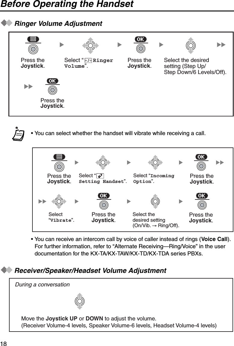 Before Operating the Handset18Ringer Volume AdjustmentReceiver/Speaker/Headset Volume Adjustment• You can select whether the handset will vibrate while receiving a call.• You can receive an intercom call by voice of caller instead of rings (Voice Call). For further information, refer to “Alternate Receiving—Ring/Voice” in the user documentation for the KX-TA/KX-TAW/KX-TD/KX-TDA series PBXs.Press the Joystick.Press theJoystick.Select the desired setting (Step Up/Step Down/6 Levels/Off).Press theJoystick.Select “      Ringer Volume”. Select “Vibrate”.Select the desired setting(On/Vib.     Ring/Off).Select “     Setting Handset”.Select “Incoming Option”.Press the Joystick.Press the Joystick.Press the Joystick.Press the Joystick.During a conversationMove the Joystick UP or DOWN to adjust the volume.(Receiver Volume-4 levels, Speaker Volume-6 levels, Headset Volume-4 levels)