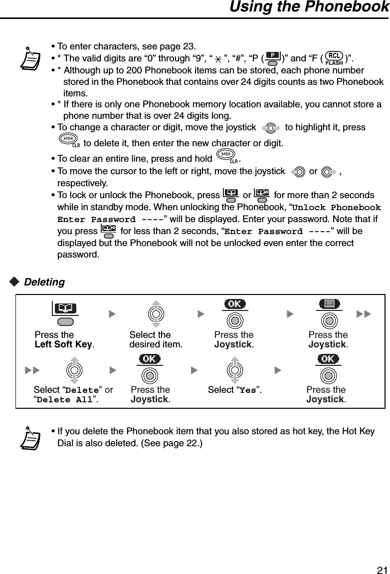 Using the Phonebook21Deleting• To enter characters, see page 23.• * The valid digits are “0” through “9”, “ ”, “#”, “P ( )” and “F ( )”.• * Although up to 200 Phonebook items can be stored, each phone number stored in the Phonebook that contains over 24 digits counts as two Phonebook items.• * If there is only one Phonebook memory location available, you cannot store a phone number that is over 24 digits long.• To change a character or digit, move the joystick   to highlight it, press  to delete it, then enter the new character or digit.• To clear an entire line, press and hold  .• To move the cursor to the left or right, move the joystick   or  , respectively.• To lock or unlock the Phonebook, press   or   for more than 2 seconds while in standby mode. When unlocking the Phonebook, “Unlock Phonebook Enter Password ----” will be displayed. Enter your password. Note that if you press   for less than 2 seconds, “Enter Password ----” will be displayed but the Phonebook will not be unlocked even enter the correct password.• If you delete the Phonebook item that you also stored as hot key, the Hot Key Dial is also deleted. (See page 22.)RCLFLASHCLRCLRPress the Left Soft Key.Select “Yes”.Select the desired item.Select “Delete” or“Delete All”.Press the Joystick.Press the Joystick.Press the Joystick.Press the Joystick.