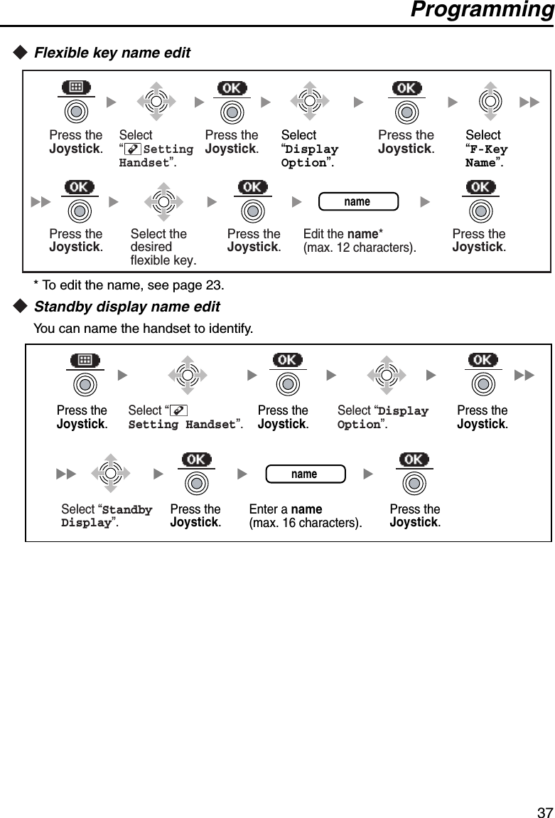 Programming37Flexible key name edit* To edit the name, see page 23.Standby display name editYou can name the handset to identify.Press theJoystick.Press theJoystick.Select“DisplayOption”.Select“F-Key Name”.Press theJoystick.Select the desiredflexible key.Press theJoystick.Press theJoystick.Press theJoystick.Select “      SettingHandset”. Edit the name* (max. 12 characters).name Press the Joystick.Press the Joystick.Press the Joystick.name Enter a name (max. 16 characters).Select “      Setting Handset”. Select “Display Option”. Press the Joystick.Select “Standby Display”. Press the Joystick.