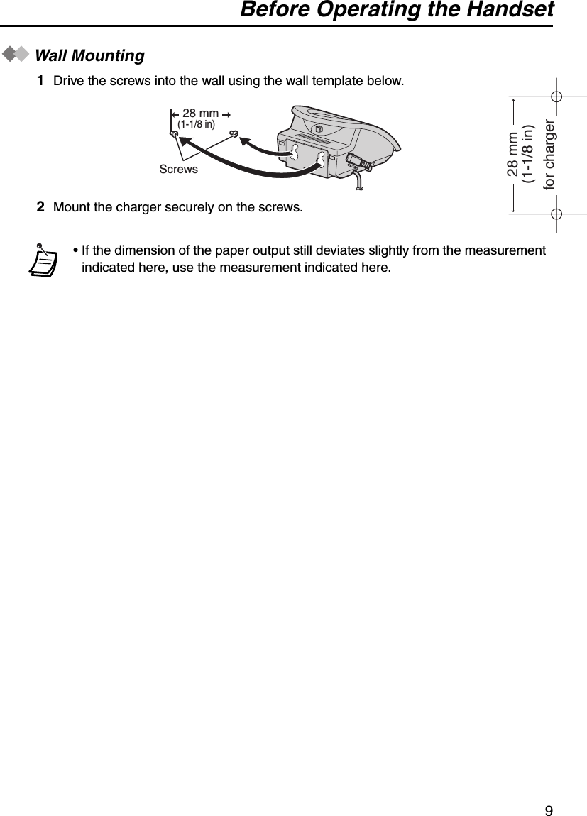 Before Operating the Handset9Wall Mounting1Drive the screws into the wall using the wall template below.2Mount the charger securely on the screws.• If the dimension of the paper output still deviates slightly from the measurement indicated here, use the measurement indicated here.Screws28 mm(1-1/8 in)28 mm(1-1/8 in)for charger