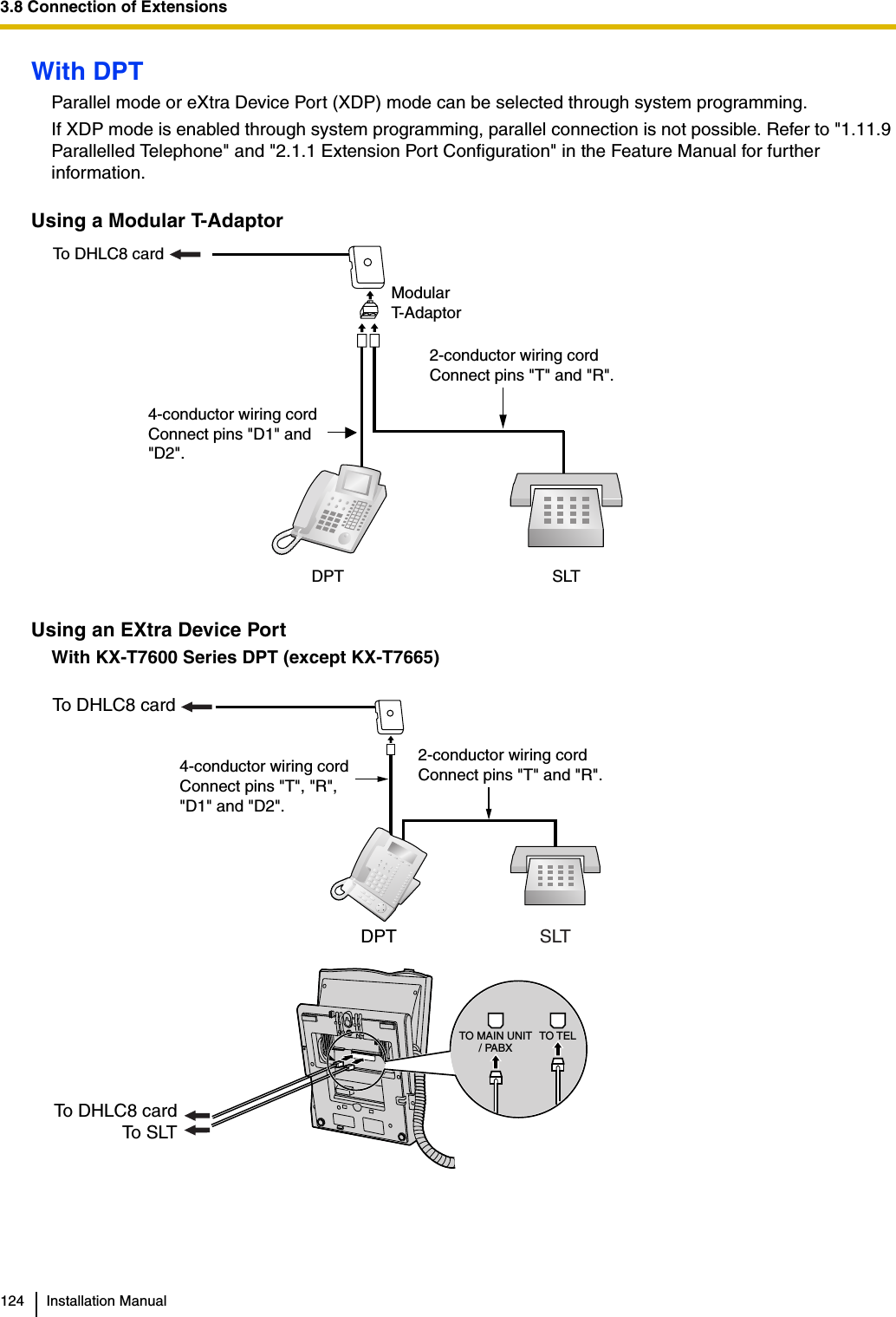 3.8 Connection of Extensions124 Installation ManualWith DPTParallel mode or eXtra Device Port (XDP) mode can be selected through system programming.If XDP mode is enabled through system programming, parallel connection is not possible. Refer to &quot;1.11.9 Parallelled Telephone&quot; and &quot;2.1.1 Extension Port Configuration&quot; in the Feature Manual for further information.Using a Modular T-AdaptorUsing an EXtra Device PortWith KX-T7600 Series DPT (except KX-T7665)To DHLC8 cardSLTDPTModularT-Adaptor4-conductor wiring cordConnect pins &quot;D1&quot; and &quot;D2&quot;.2-conductor wiring cordConnect pins &quot;T&quot; and &quot;R&quot;.To DHLC8 cardDPT SLTTo DHLC8 cardTo S LT2-conductor wiring cordConnect pins &quot;T&quot; and &quot;R&quot;.4-conductor wiring cordConnect pins &quot;T&quot;, &quot;R&quot;, &quot;D1&quot; and &quot;D2&quot;.TO MAIN UNIT/ PABXTO TEL