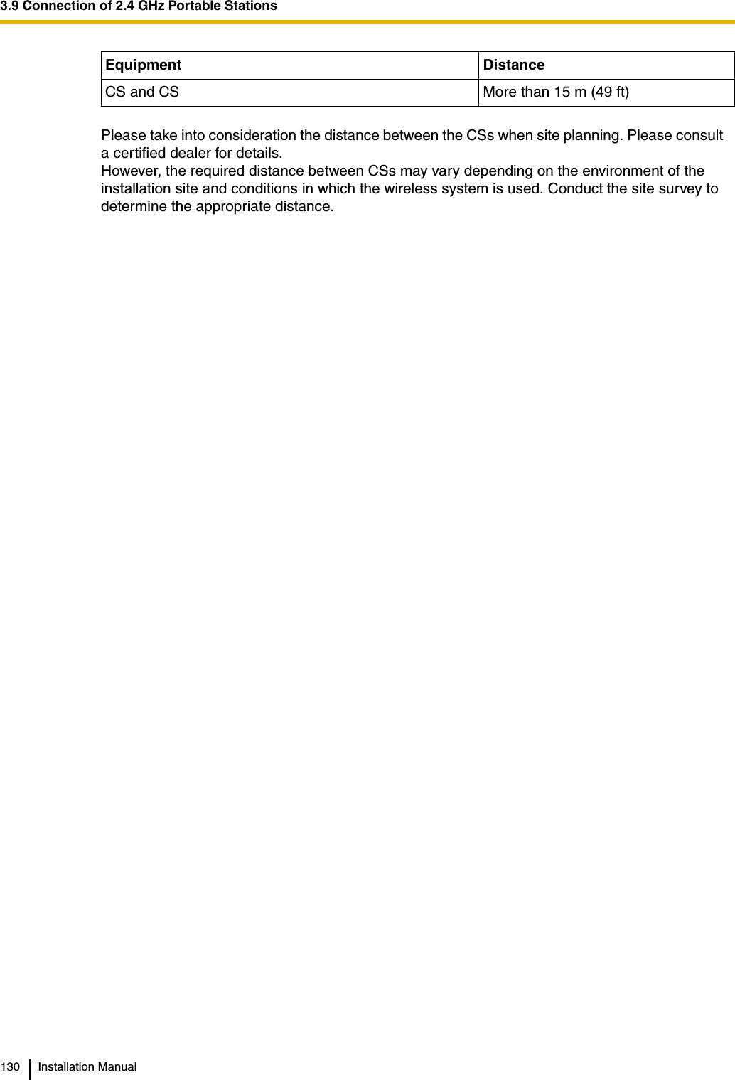 3.9 Connection of 2.4 GHz Portable Stations130 Installation ManualCS and CS More than 15 m (49 ft)Please take into consideration the distance between the CSs when site planning. Please consult a certified dealer for details.However, the required distance between CSs may vary depending on the environment of the installation site and conditions in which the wireless system is used. Conduct the site survey to determine the appropriate distance.Equipment Distance