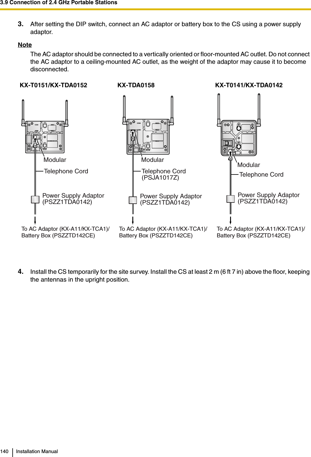 3.9 Connection of 2.4 GHz Portable Stations140 Installation Manual3. After setting the DIP switch, connect an AC adaptor or battery box to the CS using a power supply adaptor.NoteThe AC adaptor should be connected to a vertically oriented or floor-mounted AC outlet. Do not connect the AC adaptor to a ceiling-mounted AC outlet, as the weight of the adaptor may cause it to become disconnected.4. Install the CS temporarily for the site survey. Install the CS at least 2 m (6 ft 7 in) above the floor, keeping the antennas in the upright position.KX-T0151/KX-TDA0152 KX-TDA0158 KX-T0141/KX-TDA0142To AC Adaptor (KX-A11/KX-TCA1)/Battery Box (PSZZTD142CE)Power Supply Adaptor(PSZZ1TDA0142)ModularTelephone CordTo AC Adaptor (KX-A11/KX-TCA1)/Battery Box (PSZZTD142CE)Power Supply Adaptor(PSZZ1TDA0142)ModularTelephone Cord(PSJA1017Z)To AC Adaptor (KX-A11/KX-TCA1)/Battery Box (PSZZTD142CE)Power Supply Adaptor(PSZZ1TDA0142)ModularTelephone Cord