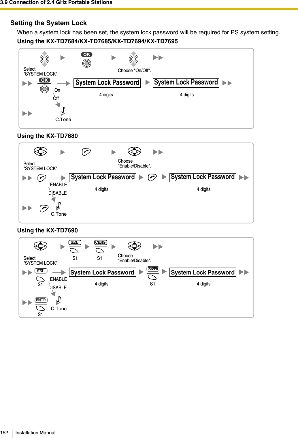 3.9 Connection of 2.4 GHz Portable Stations152 Installation ManualSetting the System LockWhen a system lock has been set, the system lock password will be required for PS system setting.Using the KX-TD7684/KX-TD7685/KX-TD7694/KX-TD7695Using the KX-TD7680Using the KX-TD7690Select &quot;SYSTEM LOCK&quot;.4 digits 4 digitsChoose &quot;On/Off&quot;.OnOffC.ToneSystem Lock Password System Lock PasswordChoose &quot;Enable/Disable&quot;.Select &quot;SYSTEM LOCK&quot;.C.Tone4 digits 4 digitsENABLEDISABLESystem Lock Password System Lock PasswordS1 Choose &quot;Enable/Disable&quot;.SELENTRS1S1S1S1CHNGSELENTRSelect &quot;SYSTEM LOCK&quot;.C.Tone System Lock Password  System Lock Password4 digits 4 digitsENABLEDISABLE