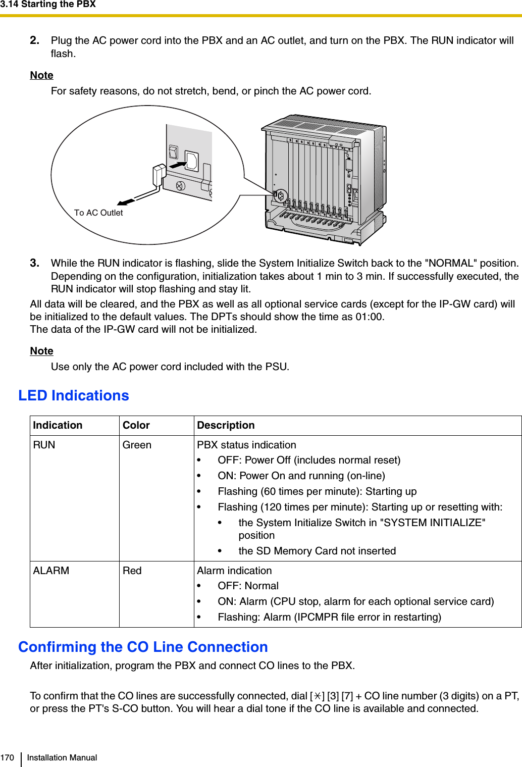 3.14 Starting the PBX170 Installation Manual2. Plug the AC power cord into the PBX and an AC outlet, and turn on the PBX. The RUN indicator will flash.NoteFor safety reasons, do not stretch, bend, or pinch the AC power cord.3. While the RUN indicator is flashing, slide the System Initialize Switch back to the &quot;NORMAL&quot; position. Depending on the configuration, initialization takes about 1 min to 3 min. If successfully executed, the RUN indicator will stop flashing and stay lit.All data will be cleared, and the PBX as well as all optional service cards (except for the IP-GW card) will be initialized to the default values. The DPTs should show the time as 01:00.The data of the IP-GW card will not be initialized.NoteUse only the AC power cord included with the PSU.LED IndicationsConfirming the CO Line ConnectionAfter initialization, program the PBX and connect CO lines to the PBX.To confirm that the CO lines are successfully connected, dial [ ] [3] [7] + CO line number (3 digits) on a PT, or press the PT&apos;s S-CO button. You will hear a dial tone if the CO line is available and connected.Indication Color DescriptionRUN Green PBX status indication• OFF: Power Off (includes normal reset)• ON: Power On and running (on-line)• Flashing (60 times per minute): Starting up• Flashing (120 times per minute): Starting up or resetting with:• the System Initialize Switch in &quot;SYSTEM INITIALIZE&quot; position• the SD Memory Card not insertedALARM Red Alarm indication• OFF: Normal• ON: Alarm (CPU stop, alarm for each optional service card)• Flashing: Alarm (IPCMPR file error in restarting)To AC Outlet