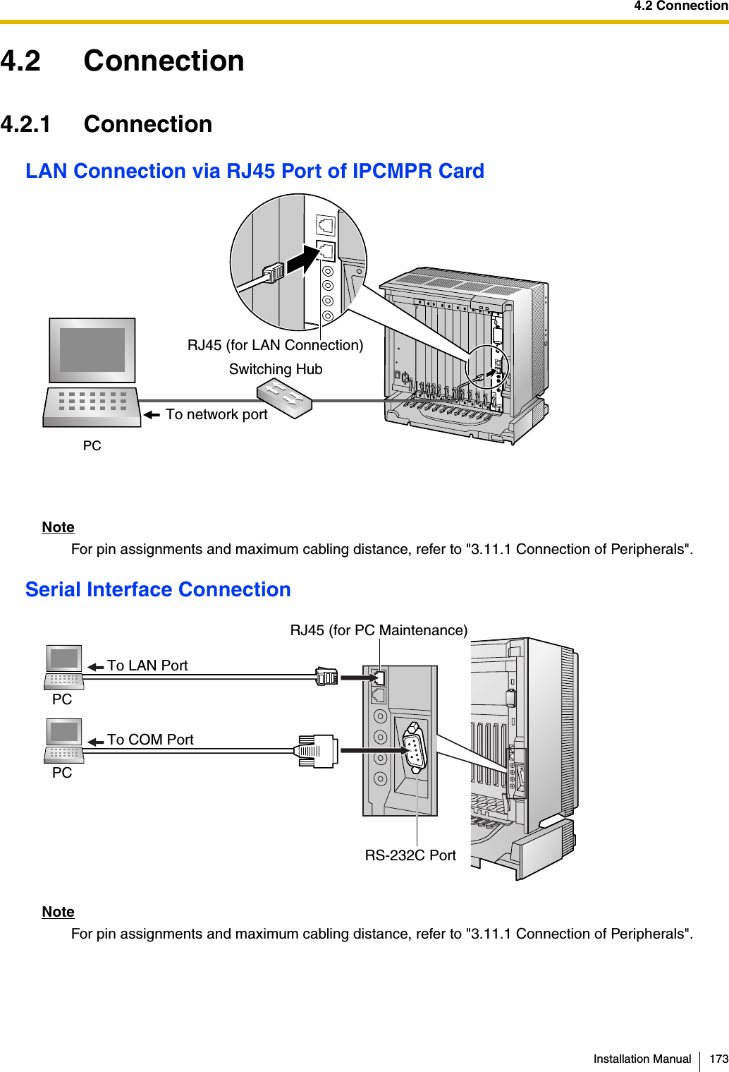 4.2 ConnectionInstallation Manual 1734.2 Connection4.2.1 ConnectionLAN Connection via RJ45 Port of IPCMPR CardNoteFor pin assignments and maximum cabling distance, refer to &quot;3.11.1 Connection of Peripherals&quot;.Serial Interface ConnectionNoteFor pin assignments and maximum cabling distance, refer to &quot;3.11.1 Connection of Peripherals&quot;.To network portSwitching HubPCRJ45 (for LAN Connection)PCTo COM PortTo LAN PortPCRJ45 (for PC Maintenance)RS-232C Port