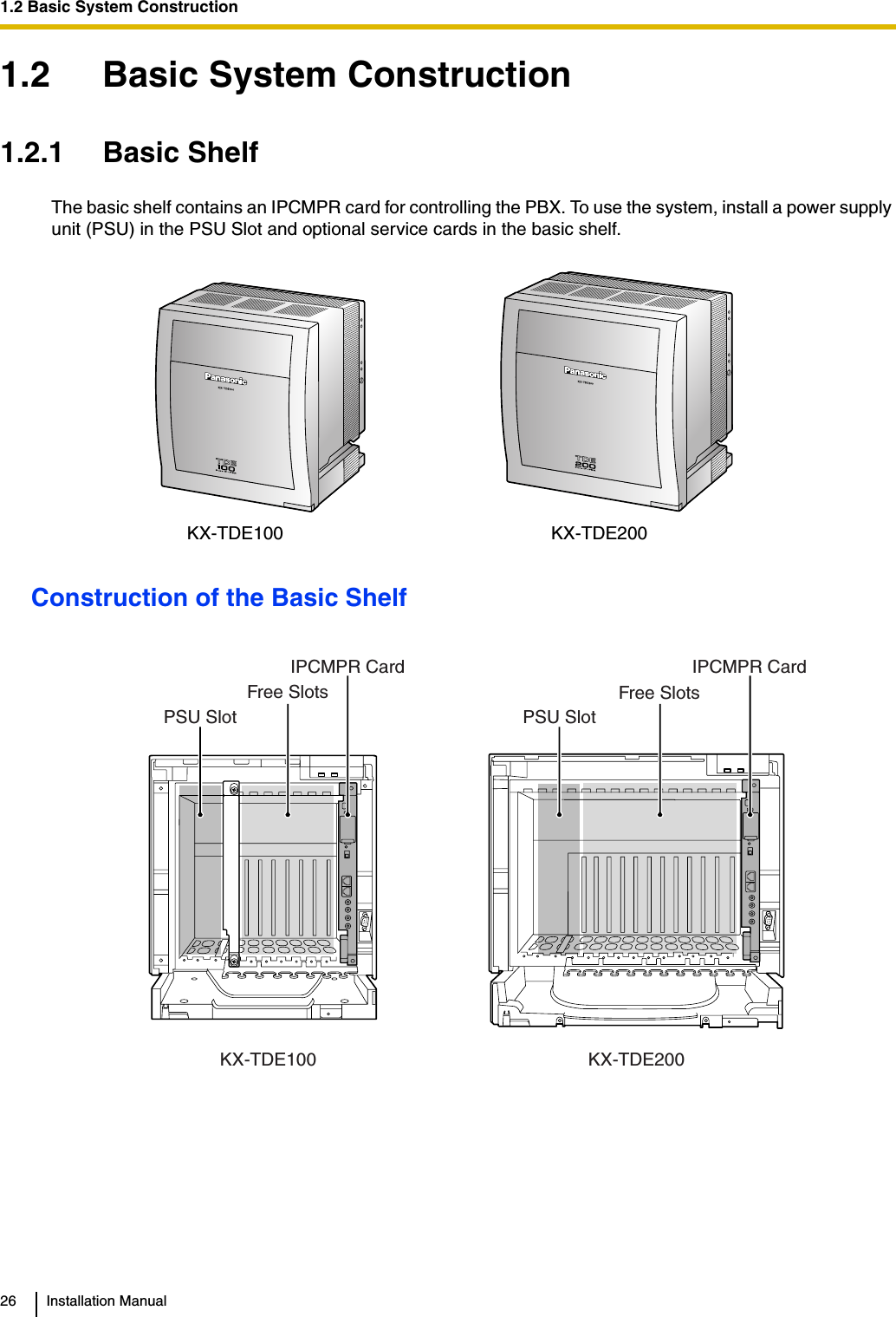 1.2 Basic System Construction26 Installation Manual1.2 Basic System Construction1.2.1 Basic ShelfThe basic shelf contains an IPCMPR card for controlling the PBX. To use the system, install a power supply unit (PSU) in the PSU Slot and optional service cards in the basic shelf.Construction of the Basic ShelfKX-TDE100 KX-TDE200KX-TDE100 KX-TDE200PSU SlotFree SlotsIPCMPR CardPSU SlotFree SlotsIPCMPR Card