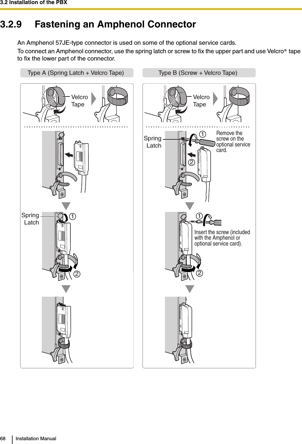 3.2 Installation of the PBX68 Installation Manual3.2.9 Fastening an Amphenol ConnectorAn Amphenol 57JE-type connector is used on some of the optional service cards.To connect an Amphenol connector, use the spring latch or screw to fix the upper part and use Velcro  tape to fix the lower part of the connector.®Type A (Spring Latch + Velcro Tape) Type B (Screw + Velcro Tape)Velcro TapeVelcro Tape21221SpringLatch1SpringLatchRemove the screw on the optional service card.Insert the screw (included with the Amphenol or optional service card).