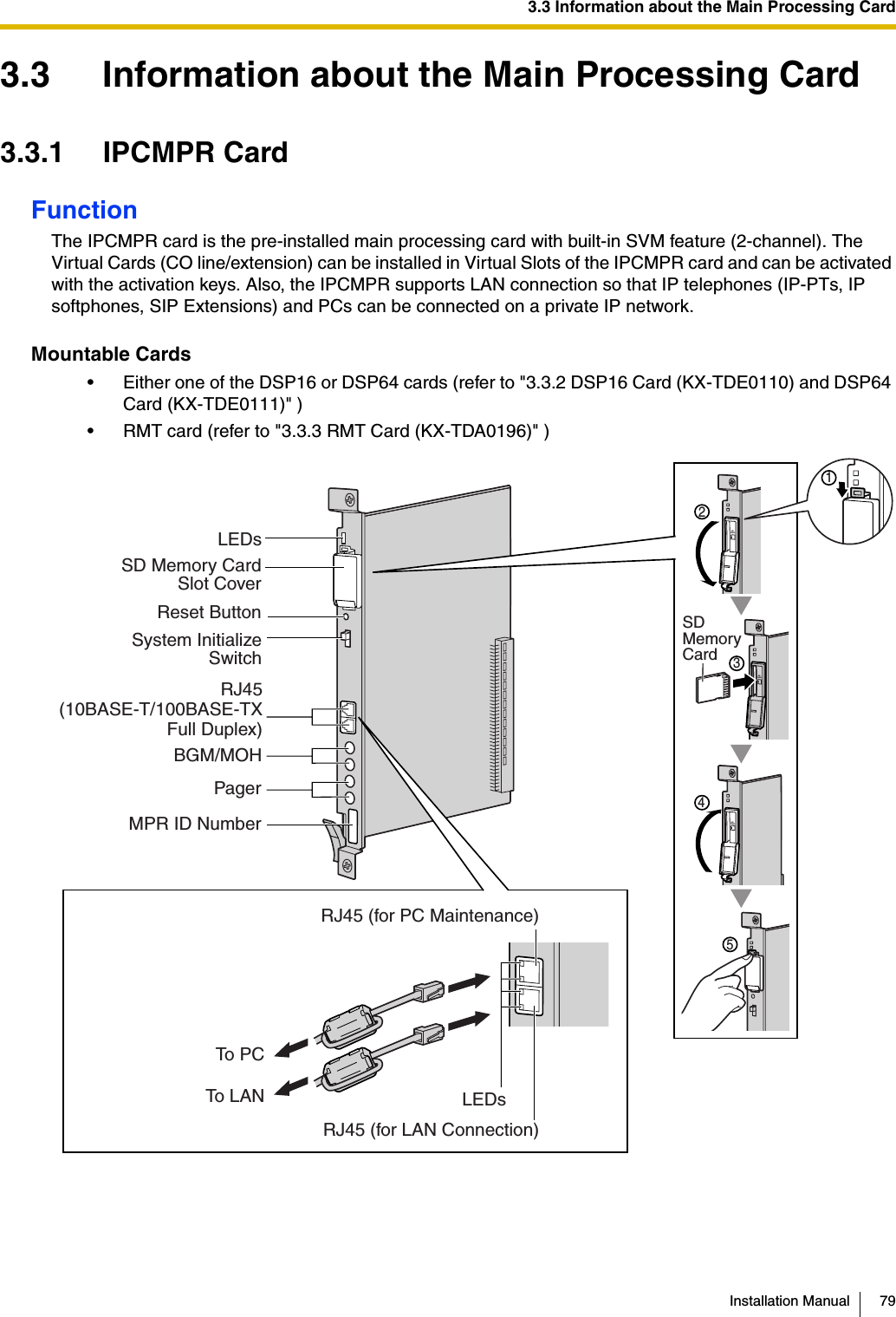 3.3 Information about the Main Processing CardInstallation Manual 793.3 Information about the Main Processing Card3.3.1 IPCMPR CardFunctionThe IPCMPR card is the pre-installed main processing card with built-in SVM feature (2-channel). The Virtual Cards (CO line/extension) can be installed in Virtual Slots of the IPCMPR card and can be activated with the activation keys. Also, the IPCMPR supports LAN connection so that IP telephones (IP-PTs, IP softphones, SIP Extensions) and PCs can be connected on a private IP network.Mountable Cards• Either one of the DSP16 or DSP64 cards (refer to &quot;3.3.2 DSP16 Card (KX-TDE0110) and DSP64 Card (KX-TDE0111)&quot; )• RMT card (refer to &quot;3.3.3 RMT Card (KX-TDA0196)&quot; )SDCARD2SDCARD45SDCARD31LEDsSD Memory CardSlot CoverReset ButtonSystem InitializeSwitchRJ45(10BASE-T/100BASE-TXFull Duplex)BGM/MOHPagerMPR ID NumberTo LANRJ45 (for PC Maintenance)RJ45 (for LAN Connection)To P CSD Memory CardLEDs