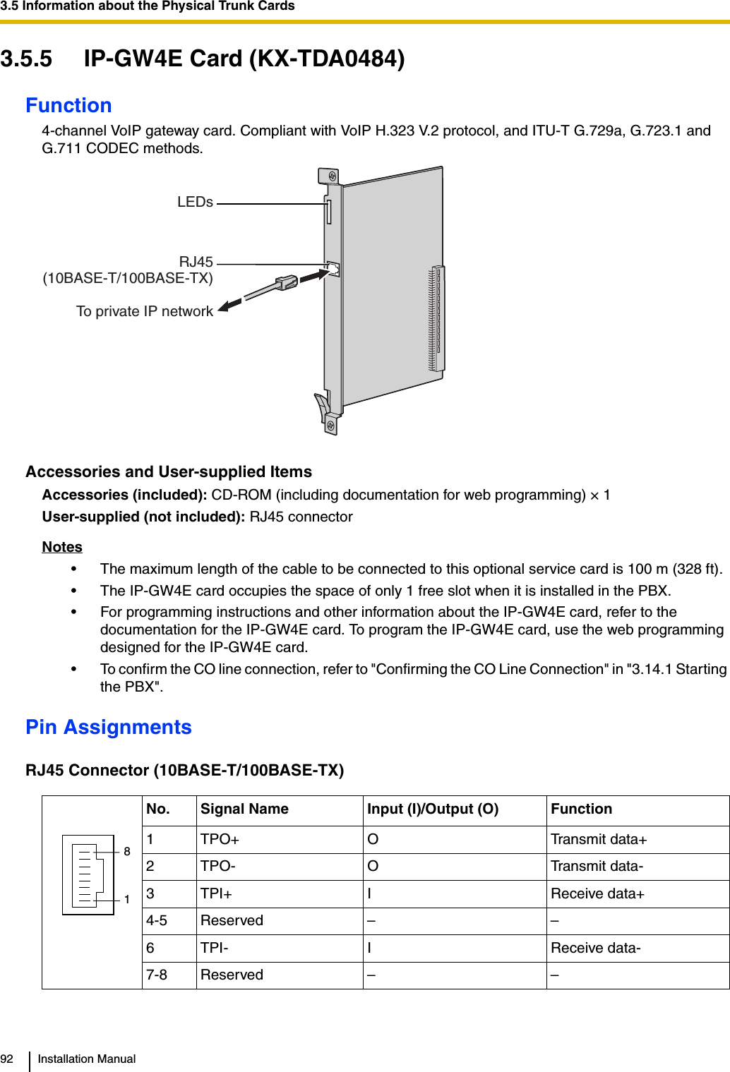 3.5 Information about the Physical Trunk Cards92 Installation Manual3.5.5 IP-GW4E Card (KX-TDA0484)Function4-channel VoIP gateway card. Compliant with VoIP H.323 V.2 protocol, and ITU-T G.729a, G.723.1 and G.711 CODEC methods.Accessories and User-supplied ItemsAccessories (included): CD-ROM (including documentation for web programming) × 1User-supplied (not included): RJ45 connectorNotes• The maximum length of the cable to be connected to this optional service card is 100 m (328 ft).• The IP-GW4E card occupies the space of only 1 free slot when it is installed in the PBX.• For programming instructions and other information about the IP-GW4E card, refer to the documentation for the IP-GW4E card. To program the IP-GW4E card, use the web programming designed for the IP-GW4E card.• To confirm the CO line connection, refer to &quot;Confirming the CO Line Connection&quot; in &quot;3.14.1 Starting the PBX&quot;.Pin AssignmentsRJ45 Connector (10BASE-T/100BASE-TX)No. Signal Name Input (I)/Output (O) Function1 TPO+ O Transmit data+2 TPO- O Transmit data-3TPI+ I Receive data+4-5 Reserved – –6TPI- I Receive data-7-8 Reserved – –LEDsRJ45(10BASE-T/100BASE-TX)To private IP network81