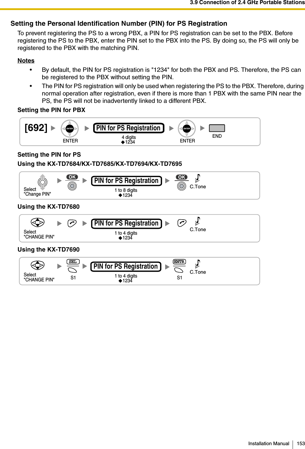 3.9 Connection of 2.4 GHz Portable StationsInstallation Manual 153Setting the Personal Identification Number (PIN) for PS RegistrationTo prevent registering the PS to a wrong PBX, a PIN for PS registration can be set to the PBX. Before registering the PS to the PBX, enter the PIN set to the PBX into the PS. By doing so, the PS will only be registered to the PBX with the matching PIN.Notes• By default, the PIN for PS registration is &quot;1234&quot; for both the PBX and PS. Therefore, the PS can be registered to the PBX without setting the PIN.• The PIN for PS registration will only be used when registering the PS to the PBX. Therefore, during normal operation after registration, even if there is more than 1 PBX with the same PIN near the PS, the PS will not be inadvertently linked to a different PBX.Setting the PIN for PBXSetting the PIN for PSUsing the KX-TD7684/KX-TD7685/KX-TD7694/KX-TD7695Using the KX-TD7680Using the KX-TD7690[692]4 digitsPIN for PS RegistrationENDENTER ENTER1234Select &quot;Change PIN&quot;1 to 8 digits1234C.TonePIN for PS RegistrationSelect &quot;CHANGE PIN&quot;C.Tone1 to 4 digits1234PIN for PS RegistrationSelect &quot;CHANGE PIN&quot;S1ENTRS1SELC.Tone1 to 4 digits1234PIN for PS Registration