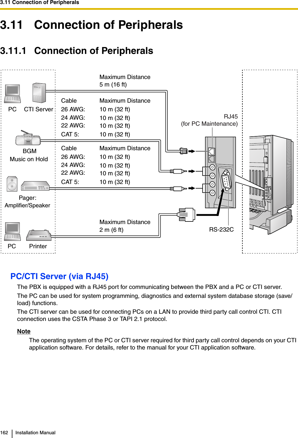 3.11 Connection of Peripherals162 Installation Manual3.11 Connection of Peripherals3.11.1 Connection of PeripheralsPC/CTI Server (via RJ45)The PBX is equipped with a RJ45 port for communicating between the PBX and a PC or CTI server.The PC can be used for system programming, diagnostics and external system database storage (save/load) functions.The CTI server can be used for connecting PCs on a LAN to provide third party call control CTI. CTI connection uses the CSTA Phase 3 or TAPI 2.1 protocol.NoteThe operating system of the PC or CTI server required for third party call control depends on your CTI application software. For details, refer to the manual for your CTI application software.Cable Maximum DistanceMaximum DistanceCable Maximum DistanceMaximum DistancePC CTI ServerBGMMusic on HoldPager:Amplifier/SpeakerPC Printer26 AWG: 10 m (32 ft)24 AWG: 10 m (32 ft)22 AWG: 10 m (32 ft)CAT 5: 10 m (32 ft)5 m (16 ft)26 AWG: 10 m (32 ft)24 AWG: 10 m (32 ft)22 AWG: 10 m (32 ft)CAT 5: 10 m (32 ft)2 m (6 ft) RS-232CRJ45(for PC Maintenance)