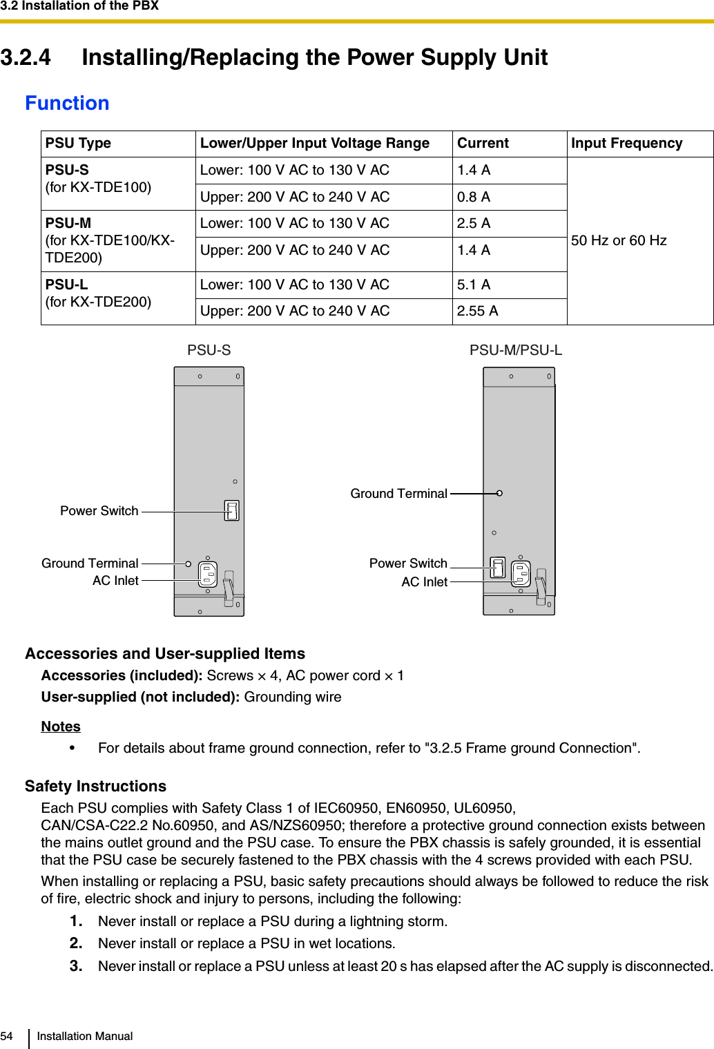 3.2 Installation of the PBX54 Installation Manual3.2.4 Installing/Replacing the Power Supply UnitFunctionAccessories and User-supplied ItemsAccessories (included): Screws × 4, AC power cord × 1User-supplied (not included): Grounding wireNotes• For details about frame ground connection, refer to &quot;3.2.5 Frame ground Connection&quot;.Safety InstructionsEach PSU complies with Safety Class 1 of IEC60950, EN60950, UL60950,CAN/CSA-C22.2 No.60950, and AS/NZS60950; therefore a protective ground connection exists between the mains outlet ground and the PSU case. To ensure the PBX chassis is safely grounded, it is essential that the PSU case be securely fastened to the PBX chassis with the 4 screws provided with each PSU.When installing or replacing a PSU, basic safety precautions should always be followed to reduce the risk of fire, electric shock and injury to persons, including the following:1. Never install or replace a PSU during a lightning storm.2. Never install or replace a PSU in wet locations.3. Never install or replace a PSU unless at least 20 s has elapsed after the AC supply is disconnected.PSU Type Lower/Upper Input Voltage Range Current Input FrequencyPSU-S(for KX-TDE100)Lower: 100 V AC to 130 V AC 1.4 A50 Hz or 60 HzUpper: 200 V AC to 240 V AC 0.8 APSU-M(for KX-TDE100/KX-TDE200)Lower: 100 V AC to 130 V AC 2.5 AUpper: 200 V AC to 240 V AC 1.4 APSU-L(for KX-TDE200)Lower: 100 V AC to 130 V AC 5.1 AUpper: 200 V AC to 240 V AC 2.55 AAC InletPower SwitchAC InletPower SwitchPSU-S PSU-M/PSU-LGround TerminalGround Terminal