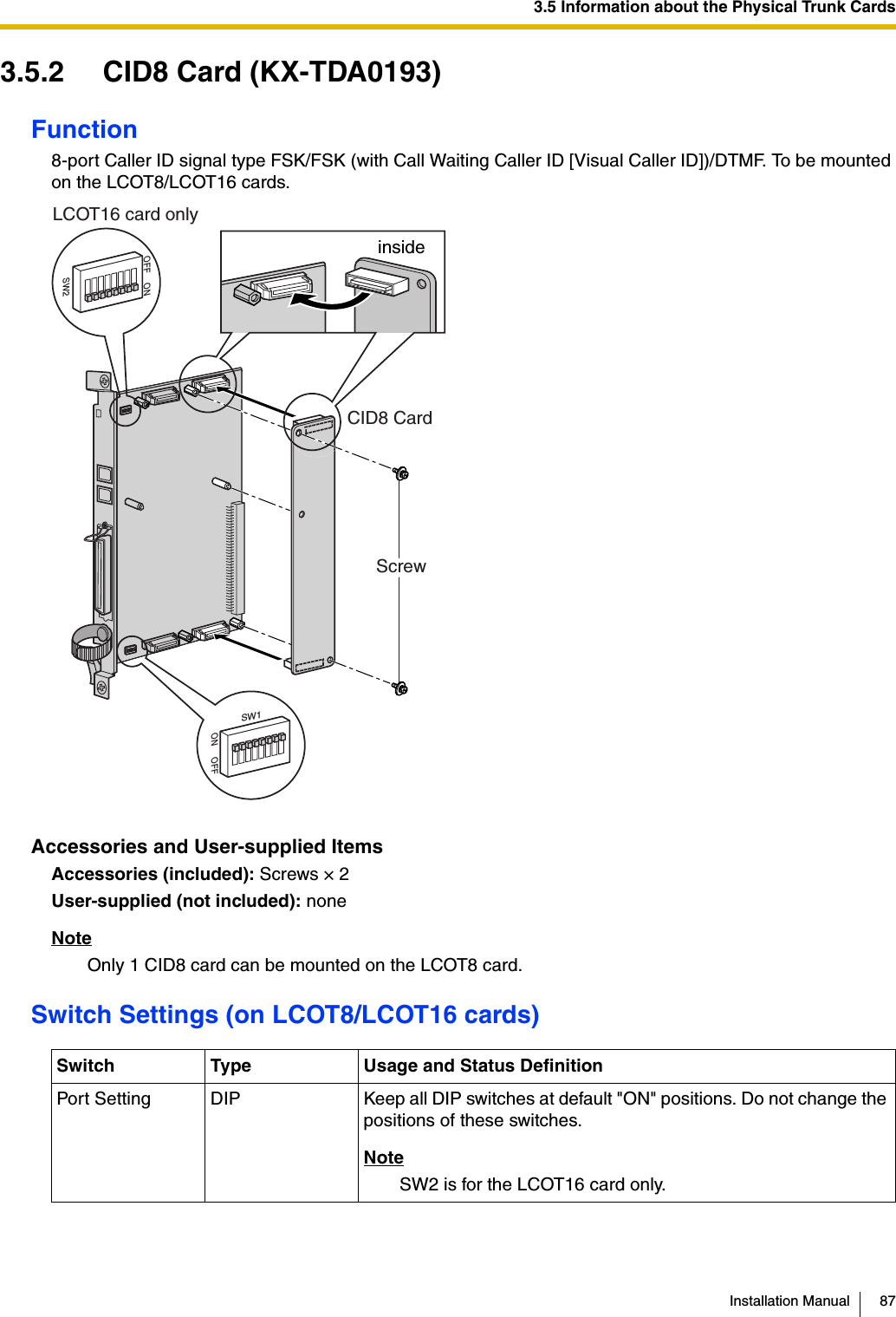 3.5 Information about the Physical Trunk CardsInstallation Manual 873.5.2 CID8 Card (KX-TDA0193)Function8-port Caller ID signal type FSK/FSK (with Call Waiting Caller ID [Visual Caller ID])/DTMF. To be mounted on the LCOT8/LCOT16 cards.Accessories and User-supplied ItemsAccessories (included): Screws × 2User-supplied (not included): noneNoteOnly 1 CID8 card can be mounted on the LCOT8 card.Switch Settings (on LCOT8/LCOT16 cards)Switch Type Usage and Status DefinitionPort Setting DIP Keep all DIP switches at default &quot;ON&quot; positions. Do not change the positions of these switches.NoteSW2 is for the LCOT16 card only.CID8 CardinsideScrewOFF ON ON OFF SW2LCOT16 card onlySW1