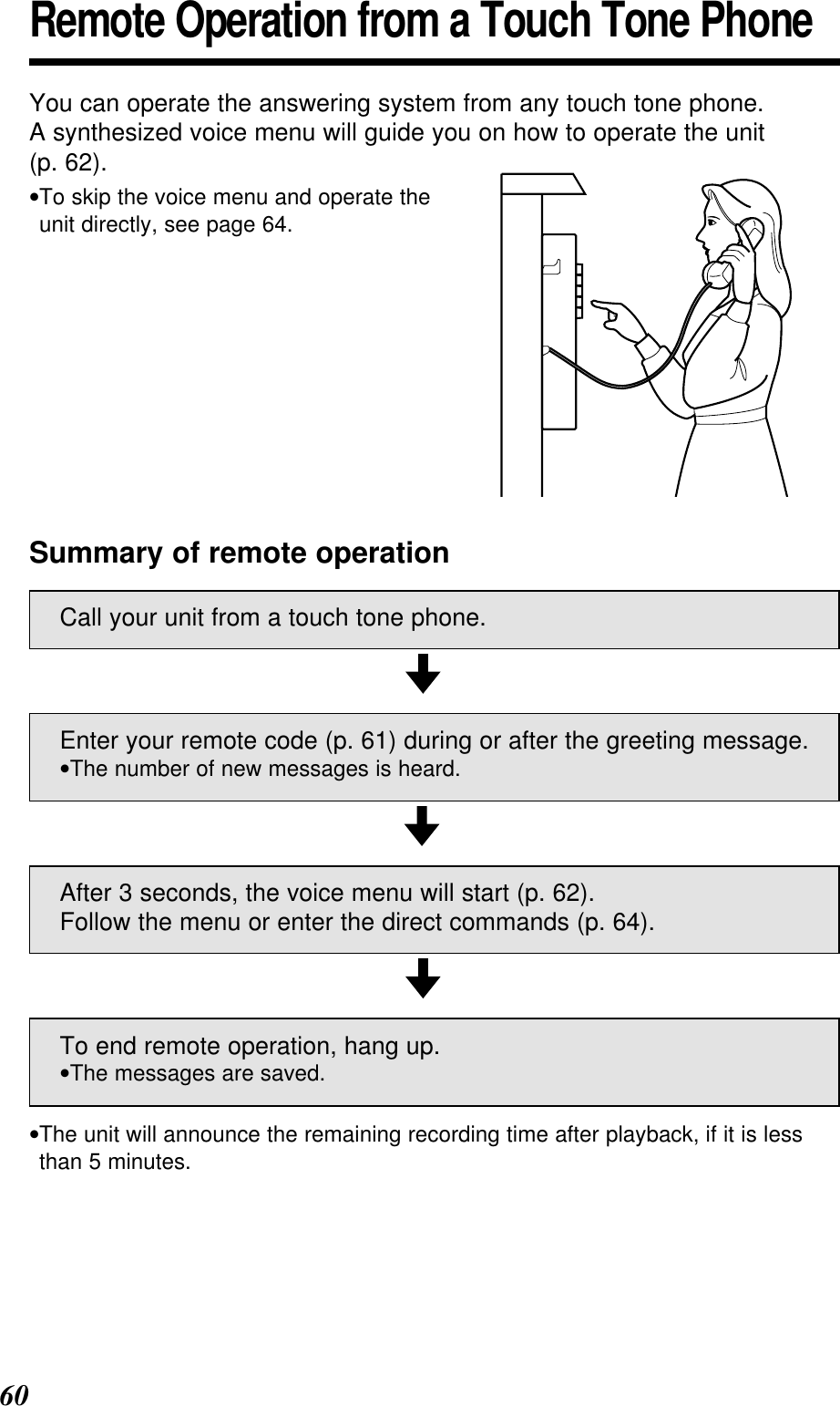 60Remote Operation from a Touch Tone PhoneYou can operate the answering system from any touch tone phone. A synthesized voice menu will guide you on how to operate the unit(p. 62).•To skip the voice menu and operate theunit directly, see page 64.Summary of remote operationCall your unit from a touch tone phone.Enter your remote code (p. 61) during or after the greeting message.•The number of new messages is heard.After 3 seconds, the voice menu will start (p. 62).Follow the menu or enter the direct commands (p. 64).To end remote operation, hang up.•The messages are saved.•The unit will announce the remaining recording time after playback, if it is lessthan 5 minutes.