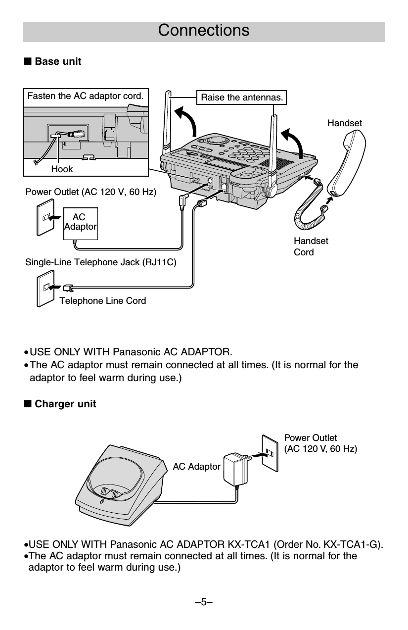–5–Connections■Base unit •USE ONLY WITH Panasonic AC ADAPTOR.•The AC adaptor must remain connected at all times. (It is normal for theadaptor to feel warm during use.)HandsetHandsetCordRaise the antennas.Telephone Line CordPower Outlet (AC 120 V, 60 Hz)Fasten the AC adaptor cord.Single-Line Telephone Jack (RJ11C)HookAC AdaptorPower Outlet(AC 120 V, 60 Hz)AC AdaptorCHARGEGE•USE ONLY WITH Panasonic AC ADAPTOR KX-TCA1 (Order No. KX-TCA1-G).•The AC adaptor must remain connected at all times. (It is normal for theadaptor to feel warm during use.)■Charger unit 