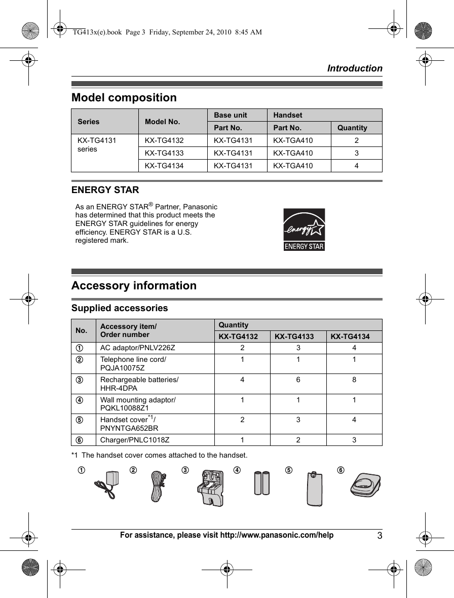 Introduction3For assistance, please visit http://www.panasonic.com/helpModel compositionENERGY STARAccessory informationSupplied accessories*1 The handset cover comes attached to the handset.Series Model No. Base unit HandsetPart No. Part No. QuantityKX-TG4131 seriesKX-TG4132 KX-TG4131 KX-TGA410 2KX-TG4133 KX-TG4131 KX-TGA410 3KX-TG4134 KX-TG4131 KX-TGA410 4As an ENERGY STAR® Partner, Panasonic has determined that this product meets the ENERGY STAR guidelines for energy efficiency. ENERGY STAR is a U.S. registered mark.No. Accessory item/Order numberQuantityKX-TG4132 KX-TG4133 KX-TG41341AC adaptor/PNLV226Z 2 3 42Telephone line cord/PQJA10075Z1113Rechargeable batteries/HHR-4DPA4684Wall mounting adaptor/PQKL10088Z11115Handset cover*1/PNYNTGA652BR2346Charger/PNLC1018Z 1 2 3123456TG413x(e).book  Page 3  Friday, September 24, 2010  8:45 AM
