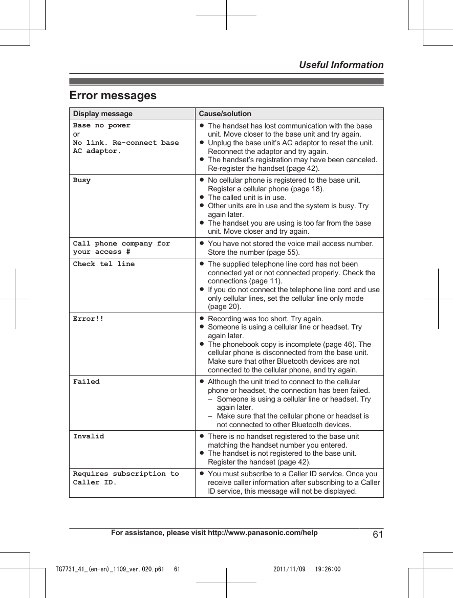 Error messagesDisplay message Cause/solutionBase no powerorNo link. Re-connect baseAC adaptor.RThe handset has lost communication with the baseunit. Move closer to the base unit and try again.RUnplug the base unit’s AC adaptor to reset the unit.Reconnect the adaptor and try again.RThe handset’s registration may have been canceled.Re-register the handset (page 42).Busy RNo cellular phone is registered to the base unit.Register a cellular phone (page 18).RThe called unit is in use.ROther units are in use and the system is busy. Tryagain later.RThe handset you are using is too far from the baseunit. Move closer and try again.Call phone company foryour access #RYou have not stored the voice mail access number.Store the number (page 55).Check tel line RThe supplied telephone line cord has not beenconnected yet or not connected properly. Check theconnections (page 11).RIf you do not connect the telephone line cord and useonly cellular lines, set the cellular line only mode(page 20).Error!! RRecording was too short. Try again.RSomeone is using a cellular line or headset. Tryagain later.RThe phonebook copy is incomplete (page 46). Thecellular phone is disconnected from the base unit.Make sure that other Bluetooth devices are notconnected to the cellular phone, and try again.Failed RAlthough the unit tried to connect to the cellularphone or headset, the connection has been failed.– Someone is using a cellular line or headset. Tryagain later.– Make sure that the cellular phone or headset isnot connected to other Bluetooth devices.Invalid RThere is no handset registered to the base unitmatching the handset number you entered.RThe handset is not registered to the base unit.Register the handset (page 42).Requires subscription toCaller ID.RYou must subscribe to a Caller ID service. Once youreceive caller information after subscribing to a CallerID service, this message will not be displayed.For assistance, please visit http://www.panasonic.com/help 61Useful InformationTG7731_41_(en-en)_1109_ver.020.p61   61 2011/11/09   19:26:00