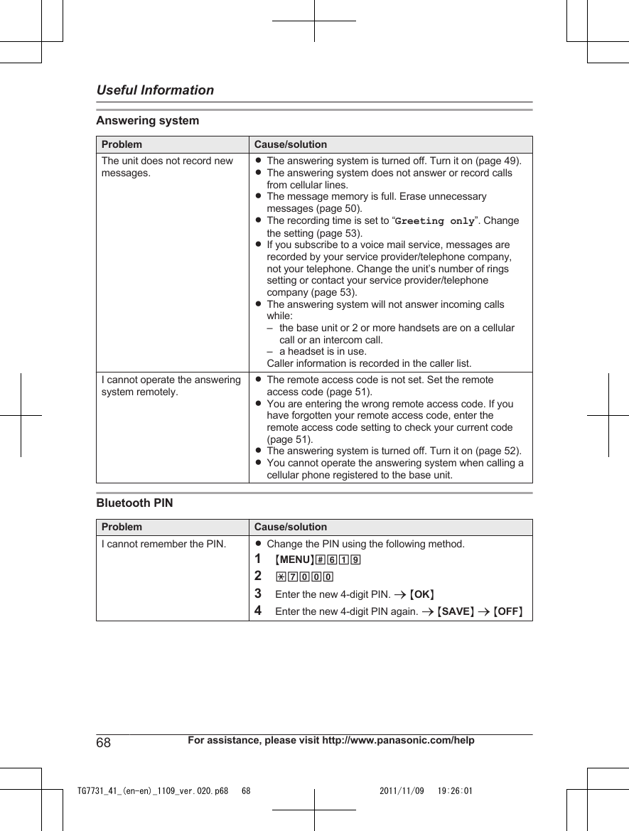 Answering systemProblem Cause/solutionThe unit does not record newmessages.RThe answering system is turned off. Turn it on (page 49).RThe answering system does not answer or record callsfrom cellular lines.RThe message memory is full. Erase unnecessarymessages (page 50).RThe recording time is set to “Greeting only”. Changethe setting (page 53).RIf you subscribe to a voice mail service, messages arerecorded by your service provider/telephone company,not your telephone. Change the unit’s number of ringssetting or contact your service provider/telephonecompany (page 53).RThe answering system will not answer incoming callswhile:– the base unit or 2 or more handsets are on a cellularcall or an intercom call.– a headset is in use.Caller information is recorded in the caller list.I cannot operate the answeringsystem remotely.RThe remote access code is not set. Set the remoteaccess code (page 51).RYou are entering the wrong remote access code. If youhave forgotten your remote access code, enter theremote access code setting to check your current code(page 51).RThe answering system is turned off. Turn it on (page 52).RYou cannot operate the answering system when calling acellular phone registered to the base unit.Bluetooth PINProblem Cause/solutionI cannot remember the PIN. RChange the PIN using the following method.1MMENUN#6192*70003Enter the new 4-digit PIN. a MOKN4Enter the new 4-digit PIN again. a MSAVEN a MOFFN68 For assistance, please visit http://www.panasonic.com/helpUseful InformationTG7731_41_(en-en)_1109_ver.020.p68   68 2011/11/09   19:26:01