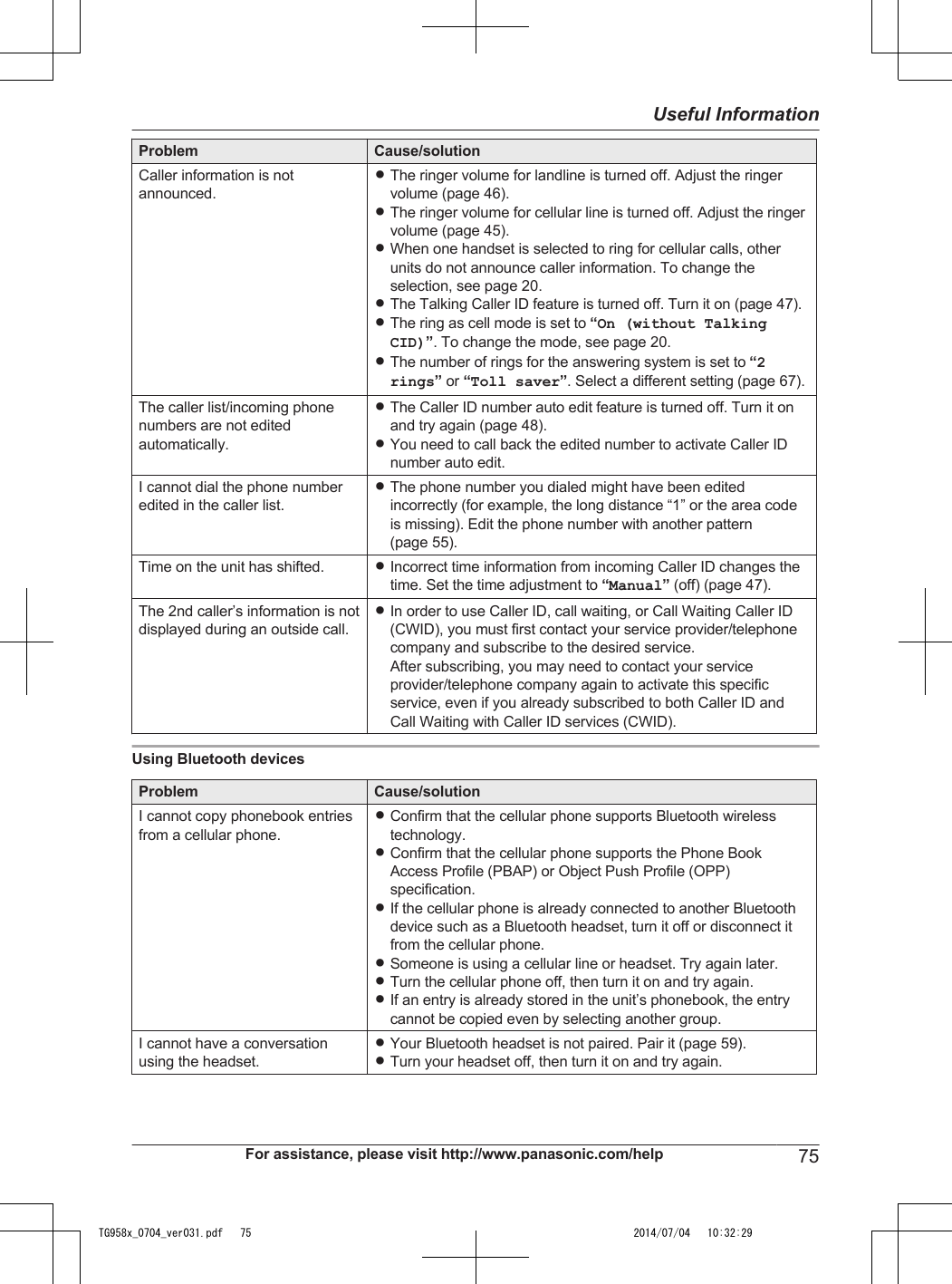 Problem Cause/solutionCaller information is notannounced.RThe ringer volume for landline is turned off. Adjust the ringervolume (page 46).RThe ringer volume for cellular line is turned off. Adjust the ringervolume (page 45).RWhen one handset is selected to ring for cellular calls, otherunits do not announce caller information. To change theselection, see page 20.RThe Talking Caller ID feature is turned off. Turn it on (page 47).RThe ring as cell mode is set to “On (without TalkingCID)”. To change the mode, see page 20.RThe number of rings for the answering system is set to “2rings” or “Toll saver”. Select a different setting (page 67).The caller list/incoming phonenumbers are not editedautomatically.RThe Caller ID number auto edit feature is turned off. Turn it onand try again (page 48).RYou need to call back the edited number to activate Caller IDnumber auto edit.I cannot dial the phone numberedited in the caller list.RThe phone number you dialed might have been editedincorrectly (for example, the long distance “1” or the area codeis missing). Edit the phone number with another pattern(page 55).Time on the unit has shifted. RIncorrect time information from incoming Caller ID changes thetime. Set the time adjustment to “Manual” (off) (page 47).The 2nd caller’s information is notdisplayed during an outside call.RIn order to use Caller ID, call waiting, or Call Waiting Caller ID(CWID), you must first contact your service provider/telephonecompany and subscribe to the desired service.After subscribing, you may need to contact your serviceprovider/telephone company again to activate this specificservice, even if you already subscribed to both Caller ID andCall Waiting with Caller ID services (CWID).Using Bluetooth devicesProblem Cause/solutionI cannot copy phonebook entriesfrom a cellular phone.RConfirm that the cellular phone supports Bluetooth wirelesstechnology.RConfirm that the cellular phone supports the Phone BookAccess Profile (PBAP) or Object Push Profile (OPP)specification.RIf the cellular phone is already connected to another Bluetoothdevice such as a Bluetooth headset, turn it off or disconnect itfrom the cellular phone.RSomeone is using a cellular line or headset. Try again later.RTurn the cellular phone off, then turn it on and try again.RIf an entry is already stored in the unit’s phonebook, the entrycannot be copied even by selecting another group.I cannot have a conversationusing the headset.RYour Bluetooth headset is not paired. Pair it (page 59).RTurn your headset off, then turn it on and try again.For assistance, please visit http://www.panasonic.com/help 75Useful InformationTG958x_0704_ver031.pdf   75 2014/07/04   10:32:29