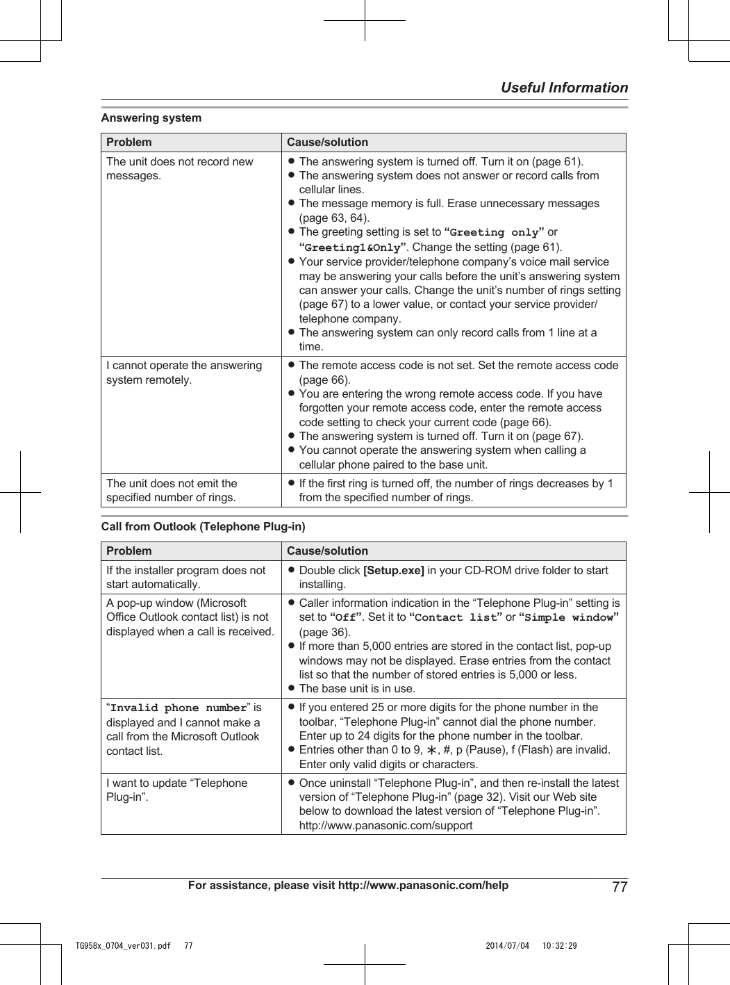 Answering systemProblem Cause/solutionThe unit does not record newmessages.RThe answering system is turned off. Turn it on (page 61).RThe answering system does not answer or record calls fromcellular lines.RThe message memory is full. Erase unnecessary messages(page 63, 64).RThe greeting setting is set to “Greeting only” or“Greeting1&amp;Only”. Change the setting (page 61).RYour service provider/telephone company’s voice mail servicemay be answering your calls before the unit’s answering systemcan answer your calls. Change the unit’s number of rings setting(page 67) to a lower value, or contact your service provider/telephone company.RThe answering system can only record calls from 1 line at atime.I cannot operate the answeringsystem remotely.RThe remote access code is not set. Set the remote access code(page 66).RYou are entering the wrong remote access code. If you haveforgotten your remote access code, enter the remote accesscode setting to check your current code (page 66).RThe answering system is turned off. Turn it on (page 67).RYou cannot operate the answering system when calling acellular phone paired to the base unit.The unit does not emit thespecified number of rings.RIf the first ring is turned off, the number of rings decreases by 1from the specified number of rings.Call from Outlook (Telephone Plug-in)Problem Cause/solutionIf the installer program does notstart automatically.RDouble click [Setup.exe] in your CD-ROM drive folder to startinstalling.A pop-up window (MicrosoftOffice Outlook contact list) is notdisplayed when a call is received.RCaller information indication in the “Telephone Plug-in” setting isset to “Off”. Set it to “Contact list” or “Simple window”(page 36).RIf more than 5,000 entries are stored in the contact list, pop-upwindows may not be displayed. Erase entries from the contactlist so that the number of stored entries is 5,000 or less.RThe base unit is in use.“Invalid phone number” isdisplayed and I cannot make acall from the Microsoft Outlookcontact list.RIf you entered 25 or more digits for the phone number in thetoolbar, “Telephone Plug-in” cannot dial the phone number.Enter up to 24 digits for the phone number in the toolbar.REntries other than 0 to 9, H, #, p (Pause), f (Flash) are invalid.Enter only valid digits or characters.I want to update “TelephonePlug-in”.ROnce uninstall “Telephone Plug-in”, and then re-install the latestversion of “Telephone Plug-in” (page 32). Visit our Web sitebelow to download the latest version of “Telephone Plug-in”.http://www.panasonic.com/supportFor assistance, please visit http://www.panasonic.com/help 77Useful InformationTG958x_0704_ver031.pdf   77 2014/07/04   10:32:29